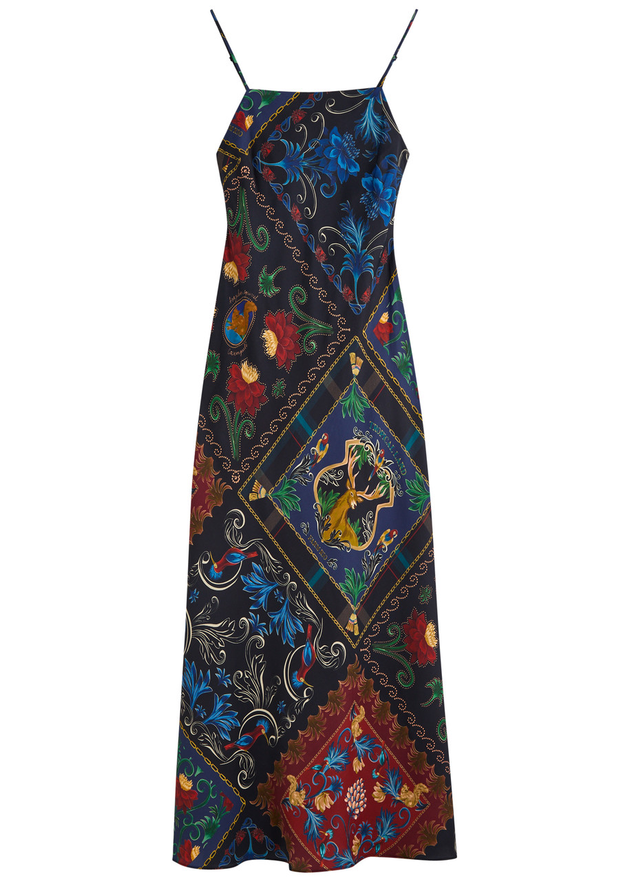 Farm Rio Printed Satin Maxi Slip Dress - Black - S - S