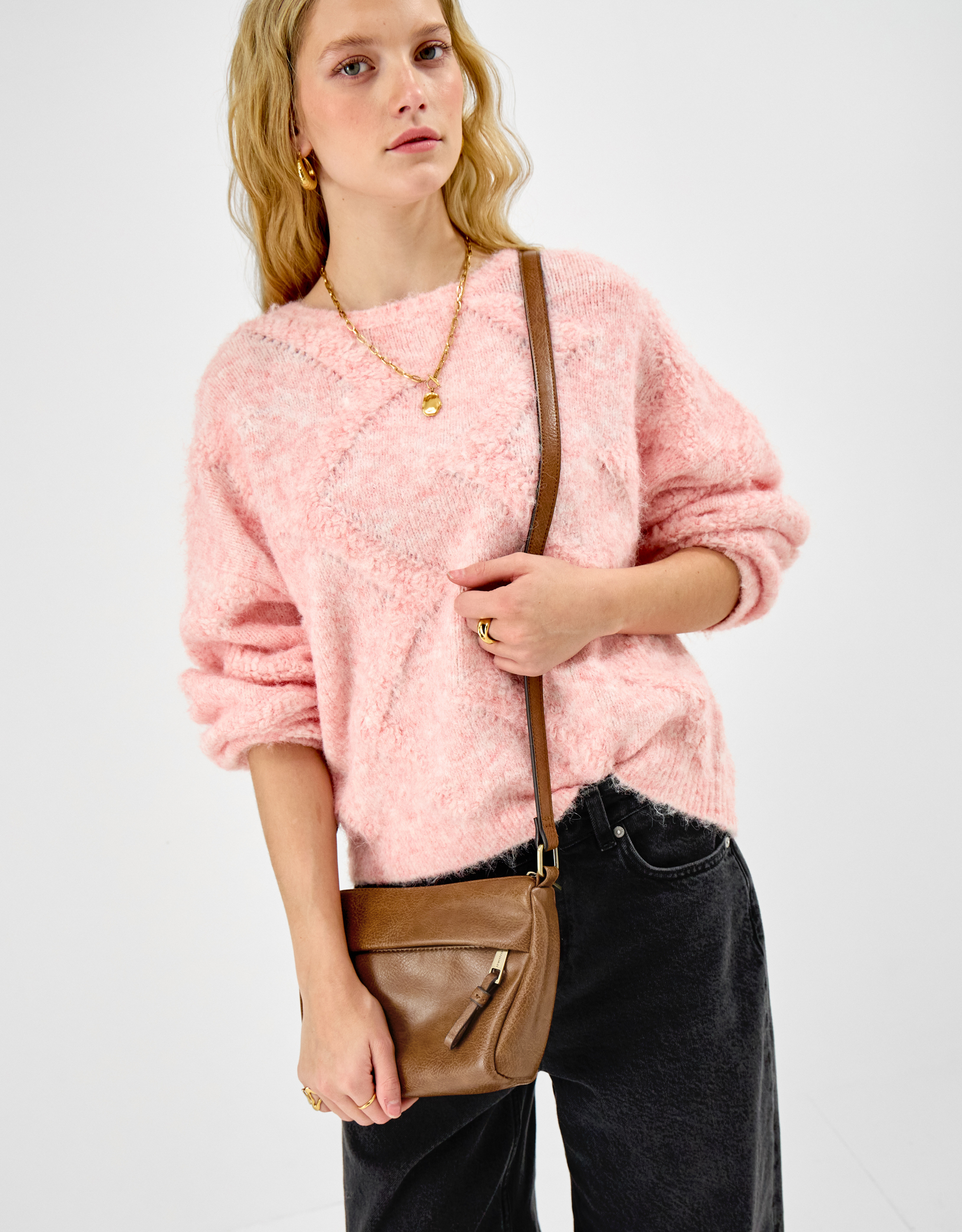 Tan Zip Front Crossbody Bag