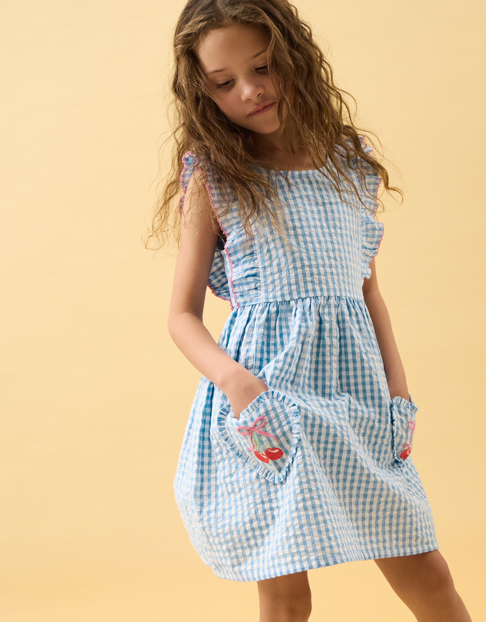 Cotton Gingham Cherry Dress Blue, Size: -