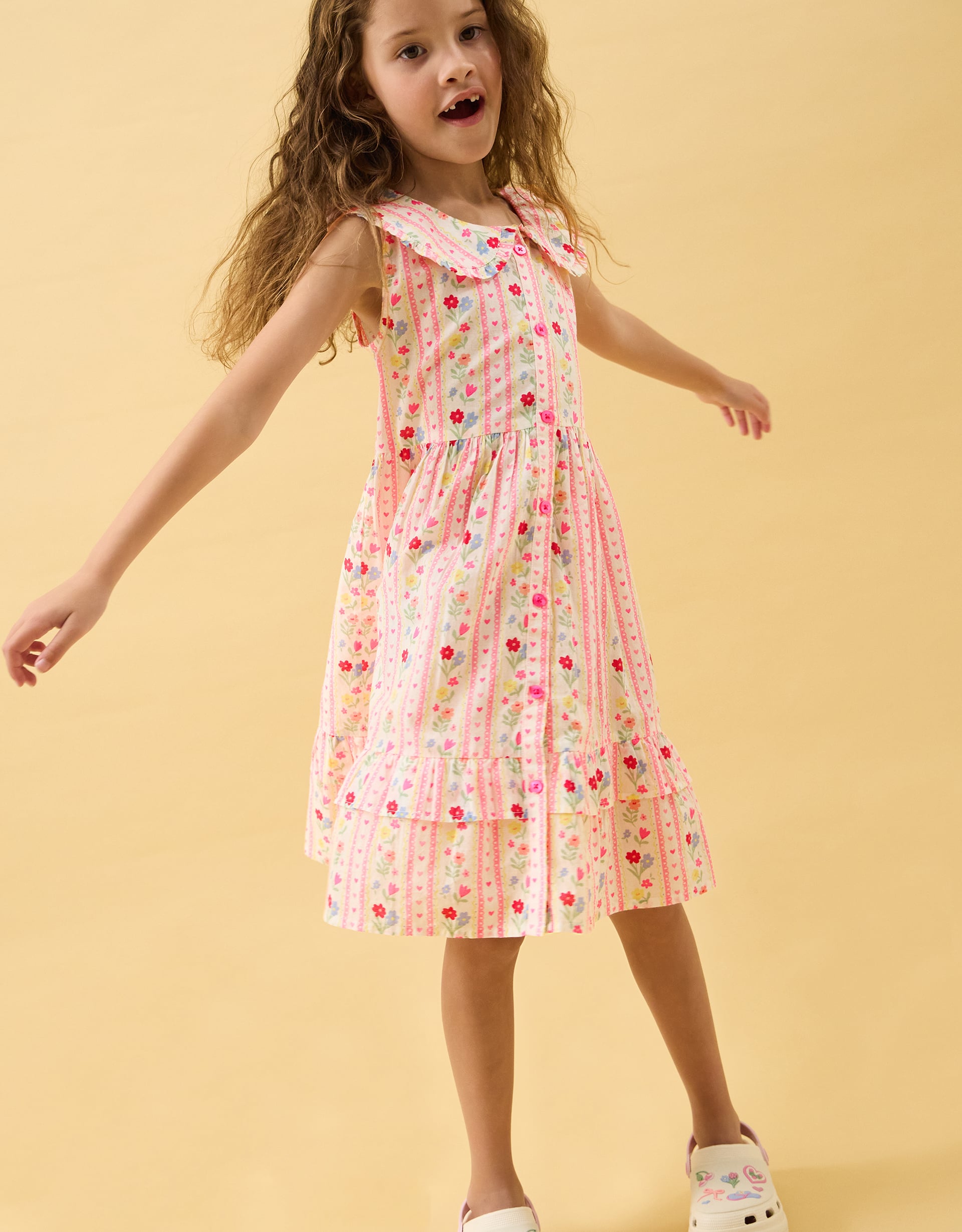 Cotton Floral Print Sleeveless Dress White, Size: -