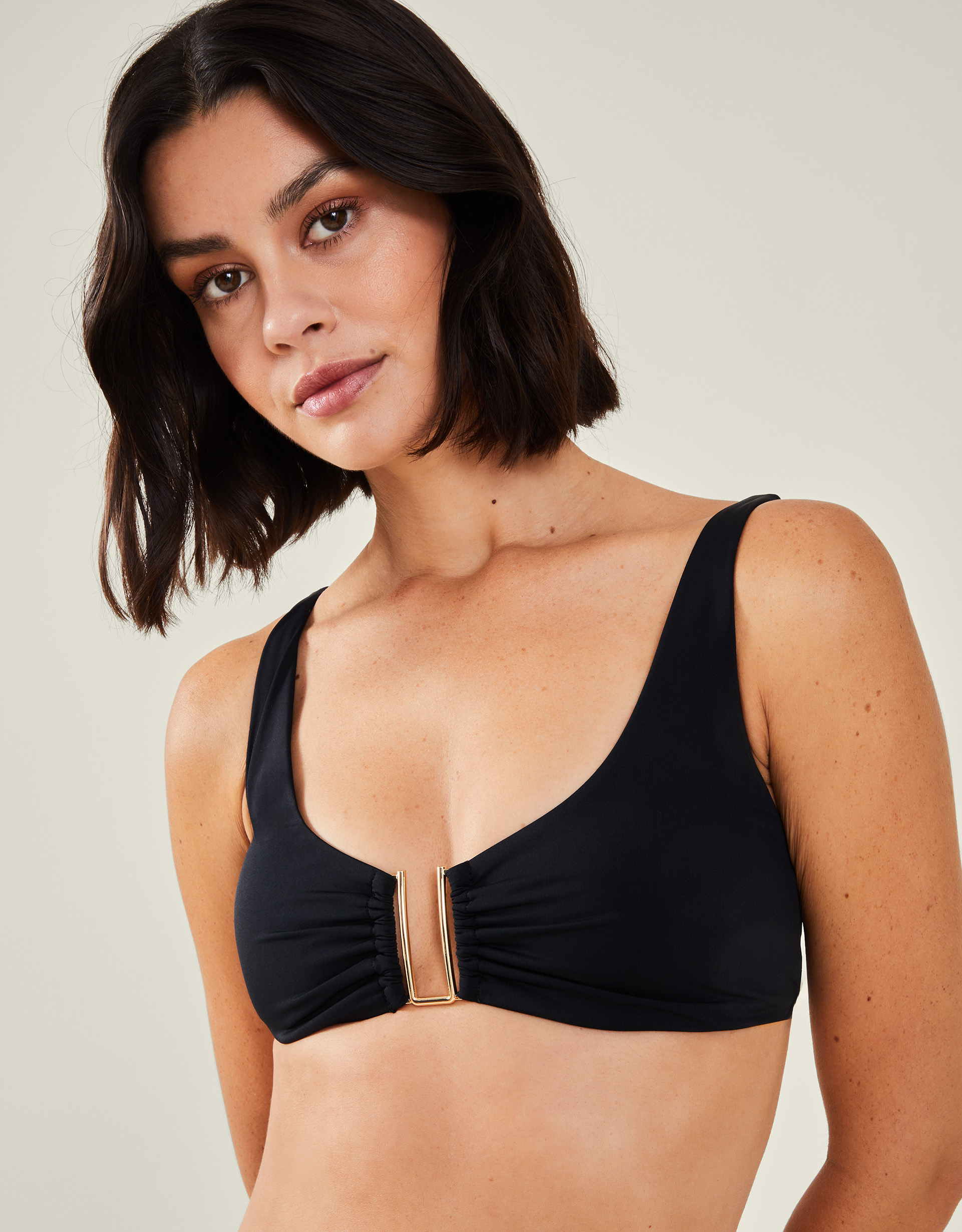 Women's Metal Detail Bikini Top Black Sleeveless Stretchy Nylon, Size: