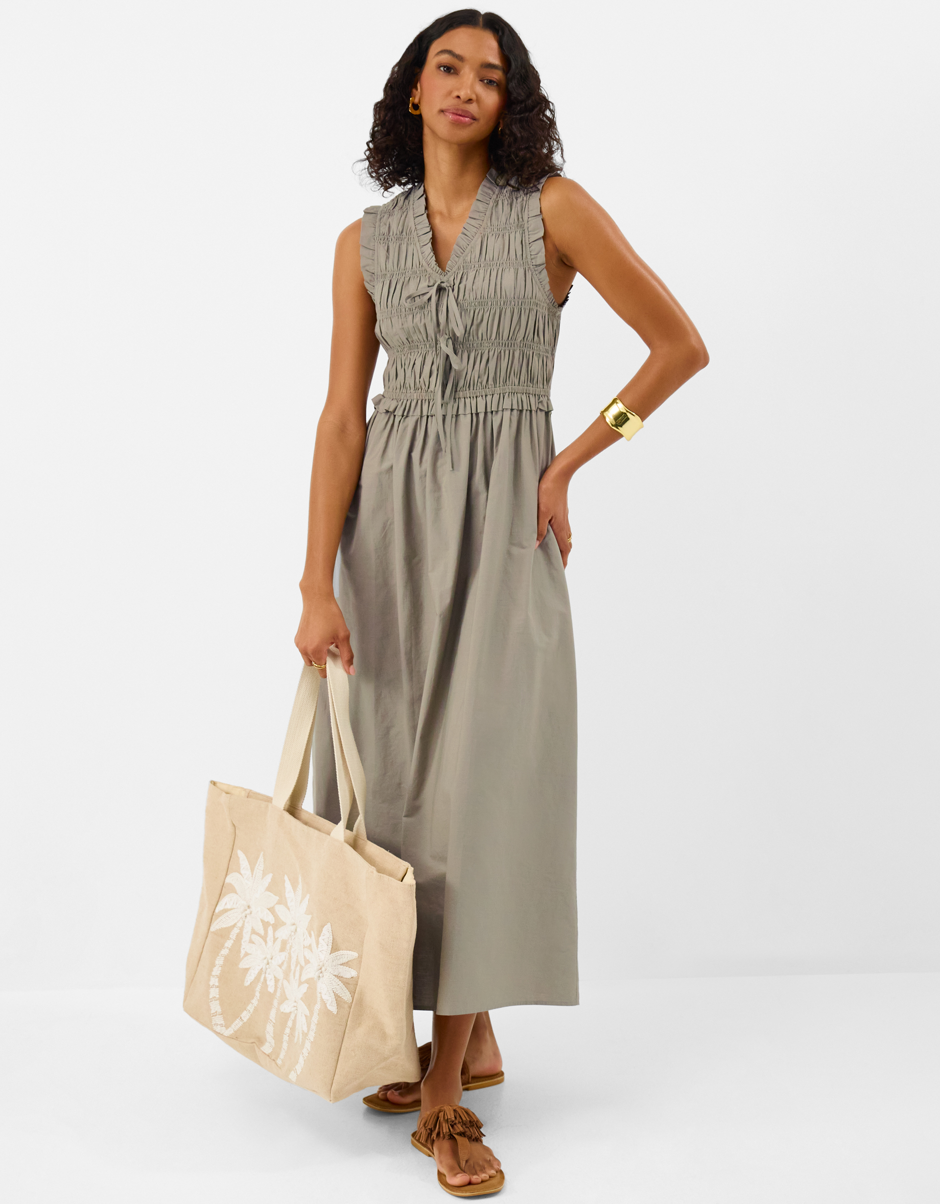 Cotton Smocked Tie Front Midi Dress Khaki, Size: