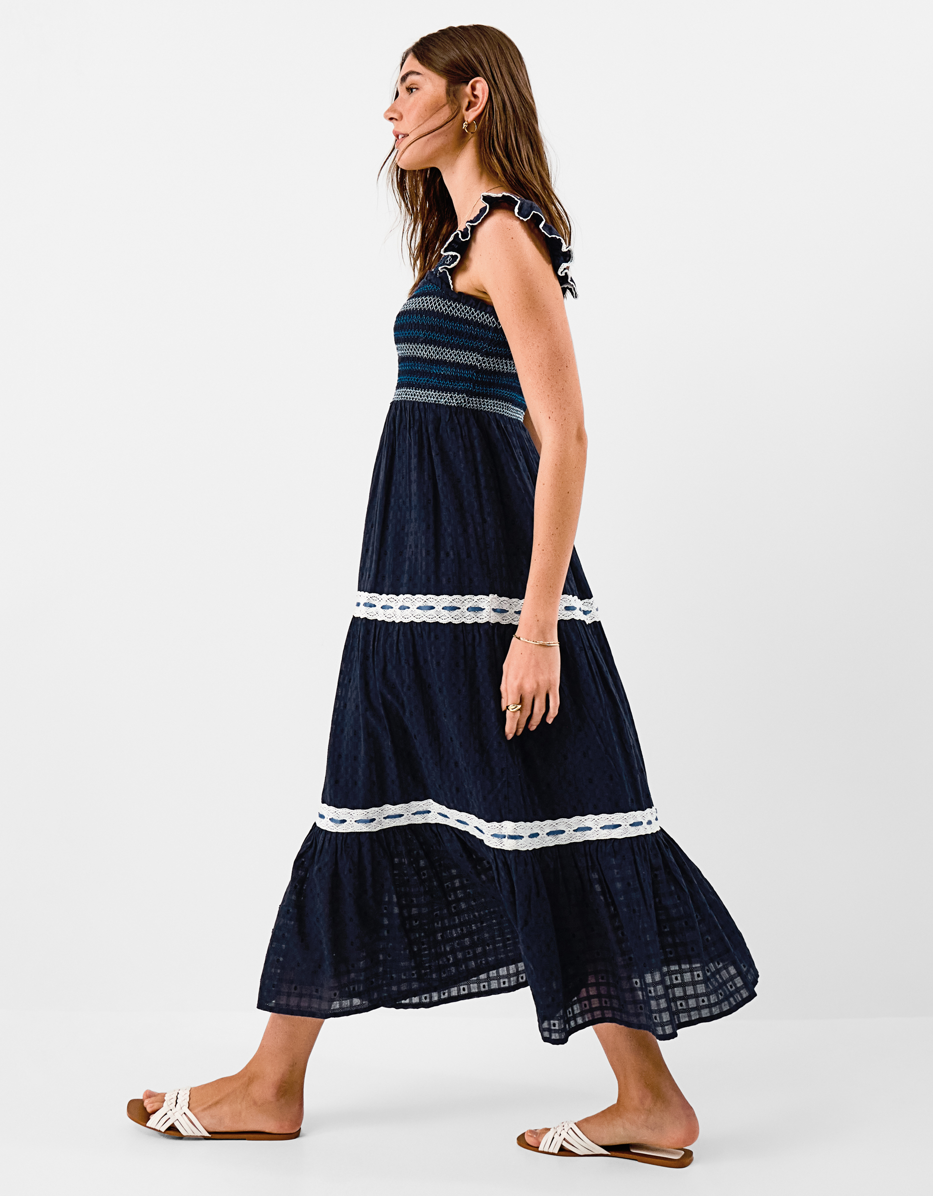 Smocked Lace Midi Dress Blue, Size: