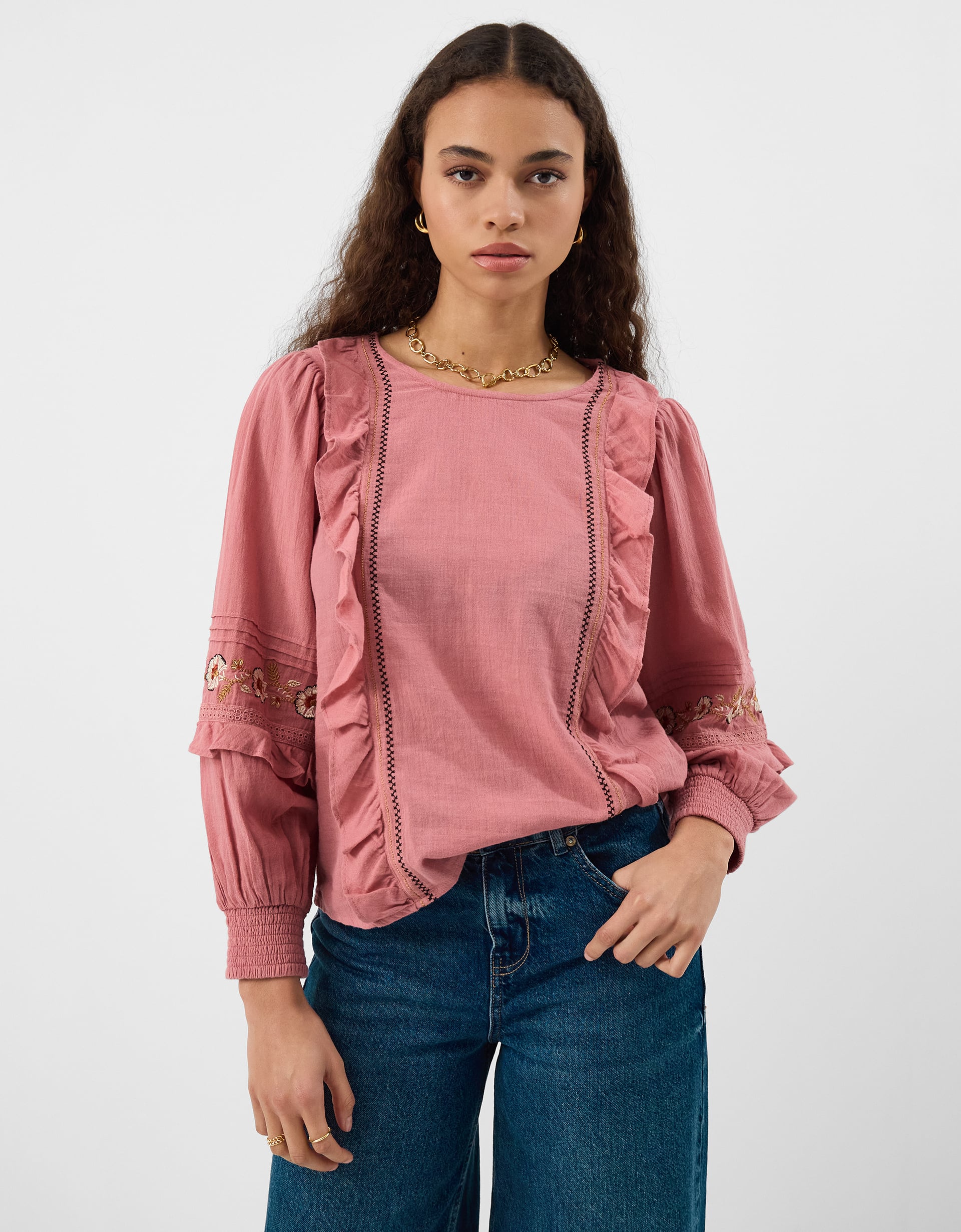 Floral Embroidered Ruffle Blouse Pink, Size: