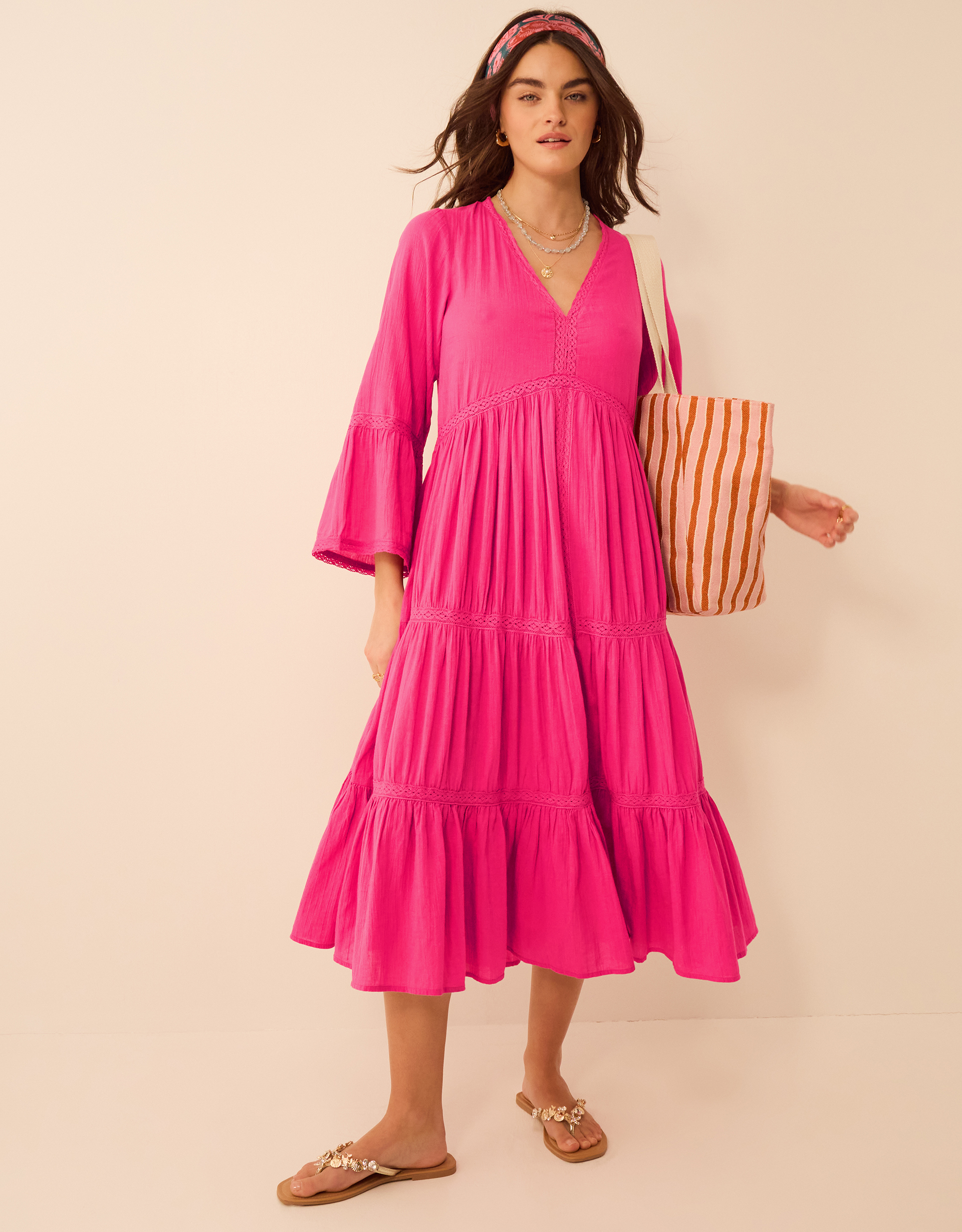 Lace Trim Midi Beach Dress Pink, Size: