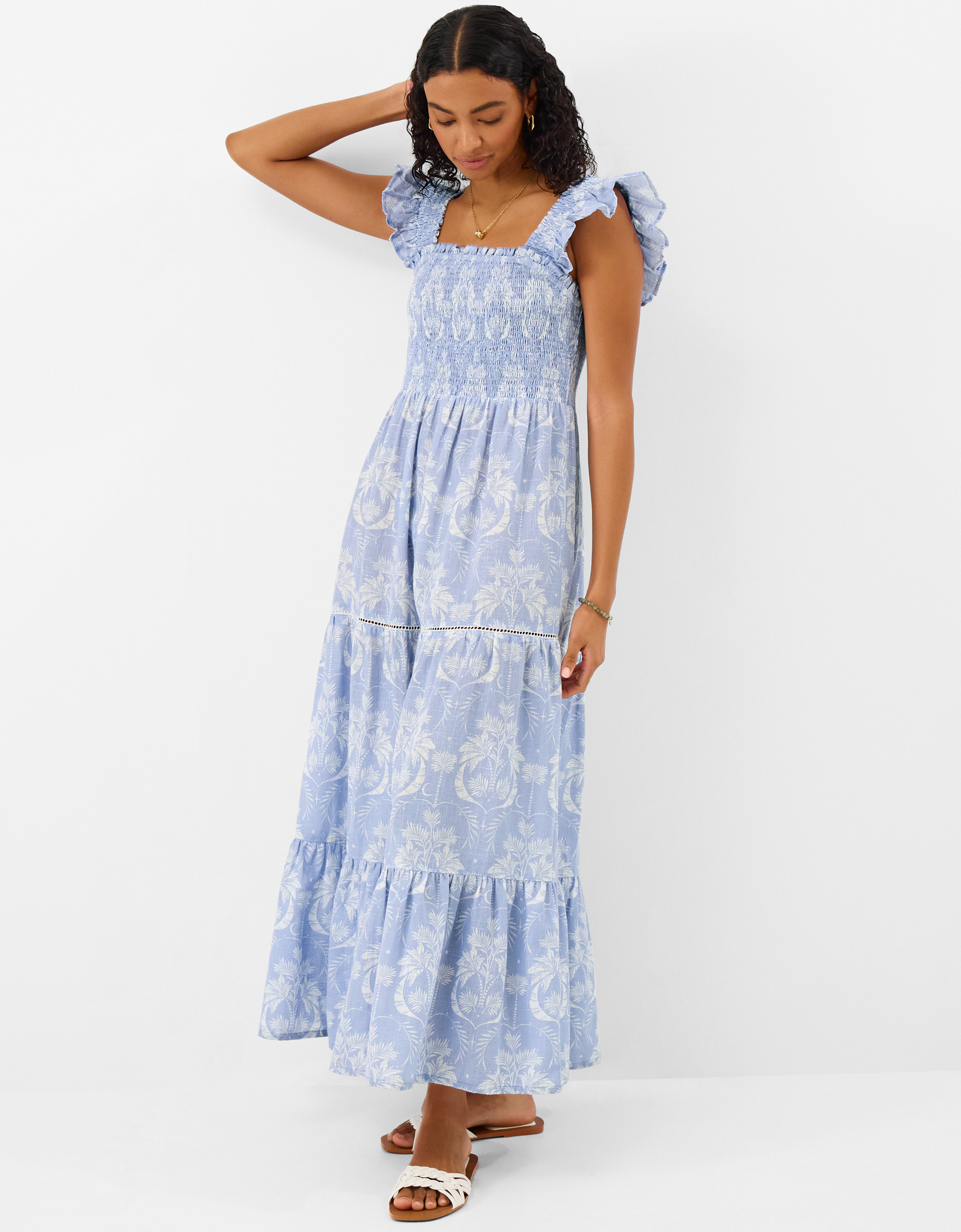 Bluewhite Tropical Print Smocked Maxi Dress Blue, Size: , Women's
