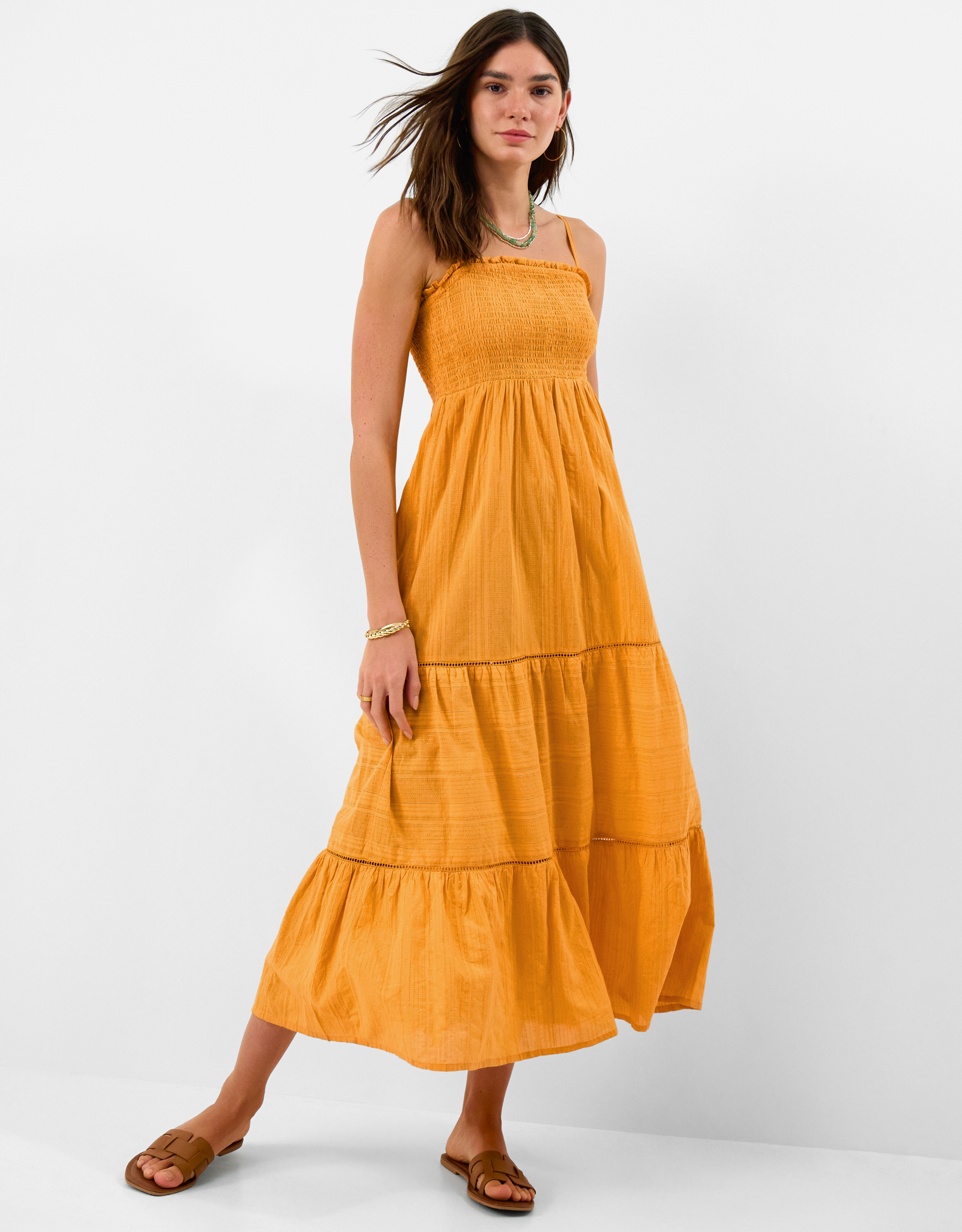 Shimmer Smocked Midi Dress Gold, Size: S, Women's