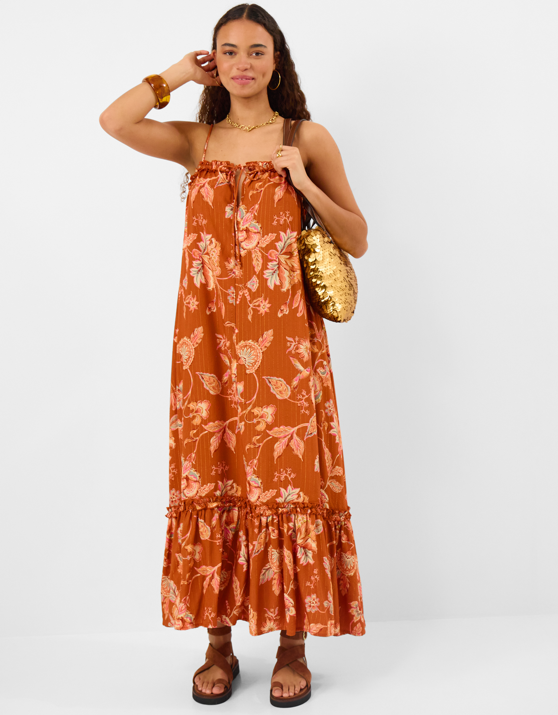 Sleeveless Floral Shimmer Maxi Dress Orange, Size: , Women's