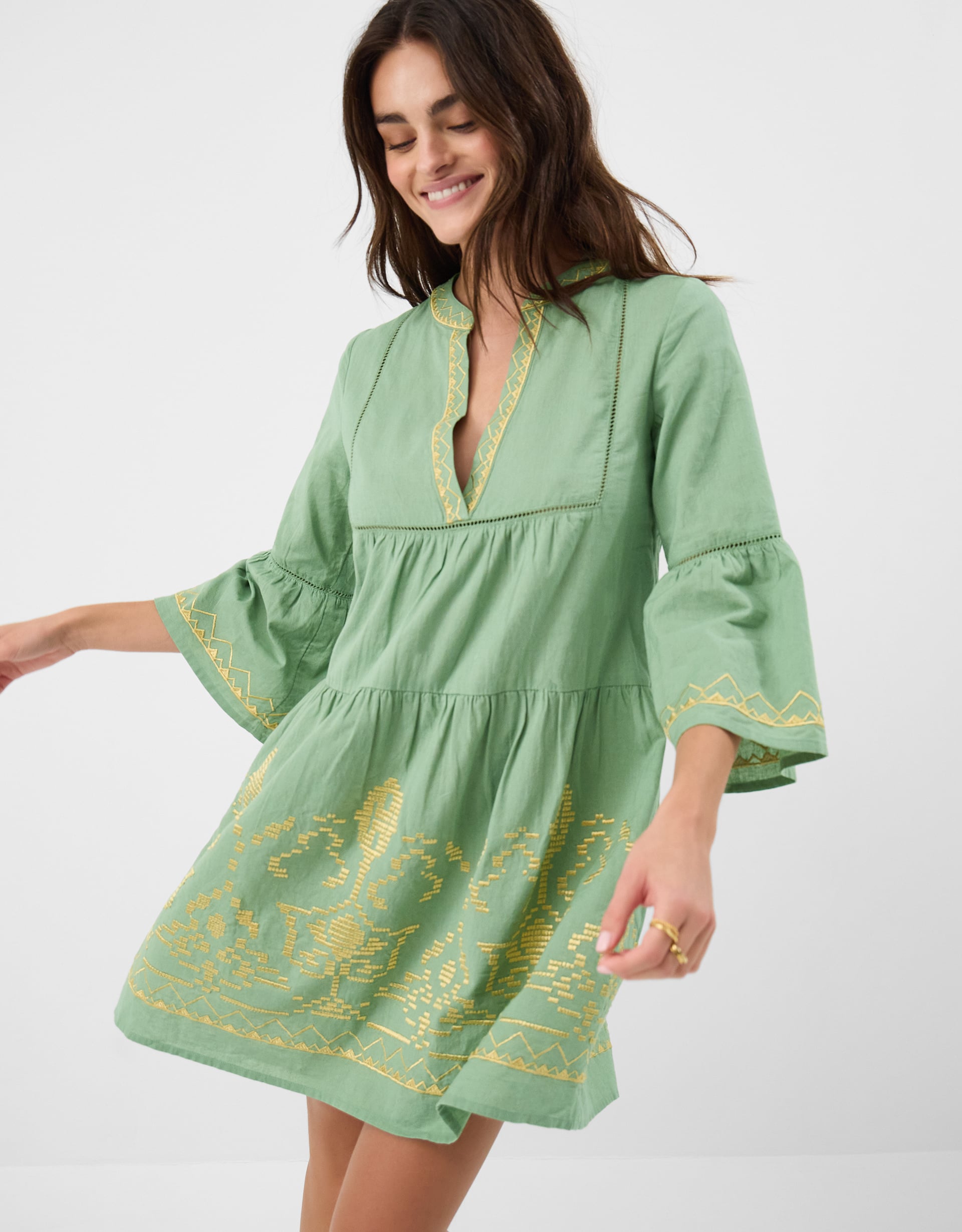 Embroidered Flute Sleeve Mini Dress Green, Size: