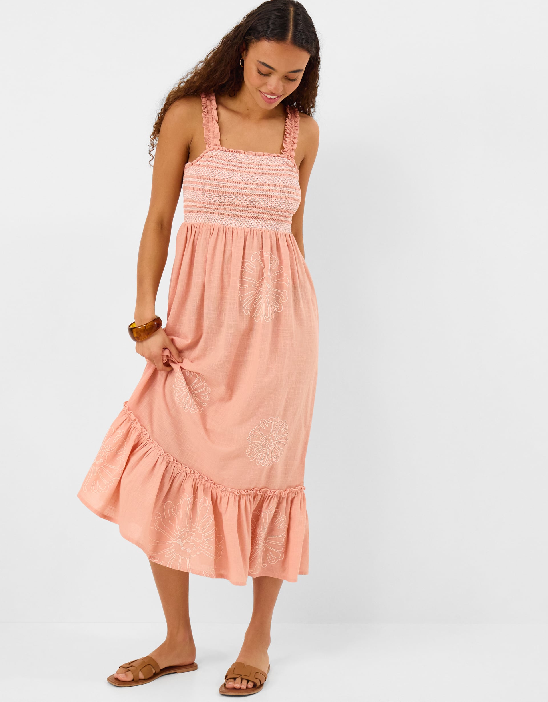 Floral Embroidered Smocked Midi Dress Pink, Size: