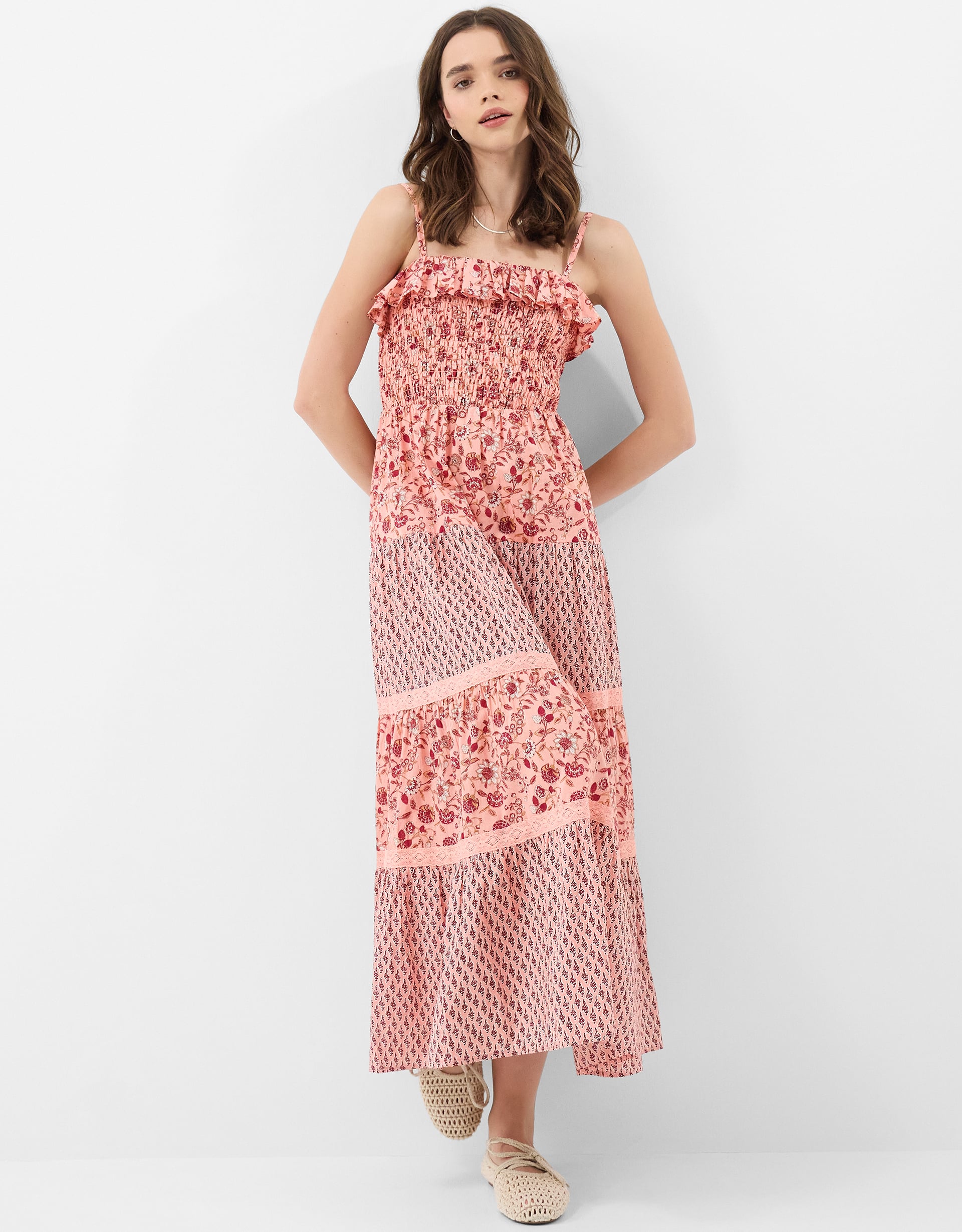 Accessorize Cotton Floral Print Mix Smocked Maxi Dress Pink, Size S - Summer Occasion Dress