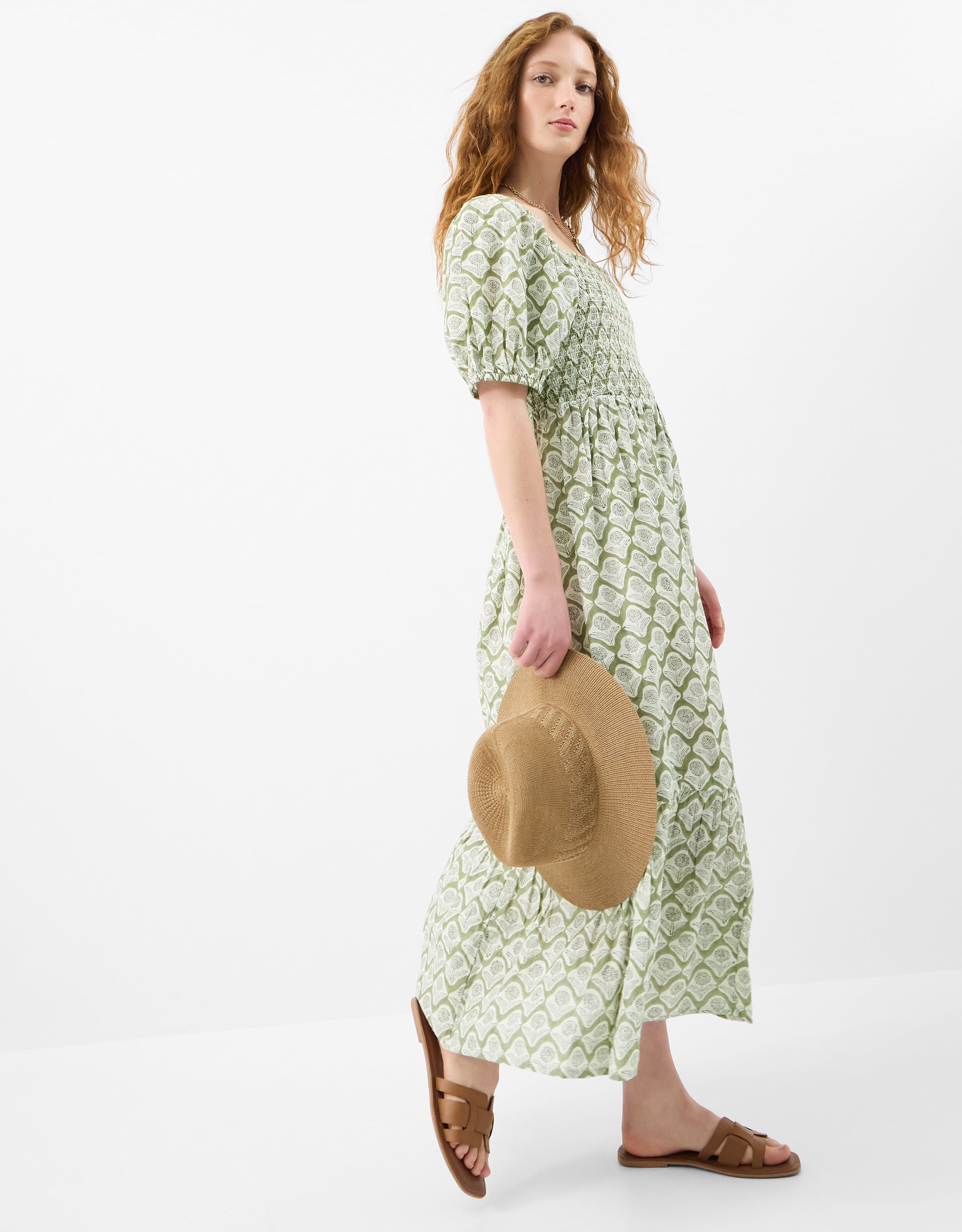 Cotton Floral Print Puff Sleeve Maxi Dress Green, Size: