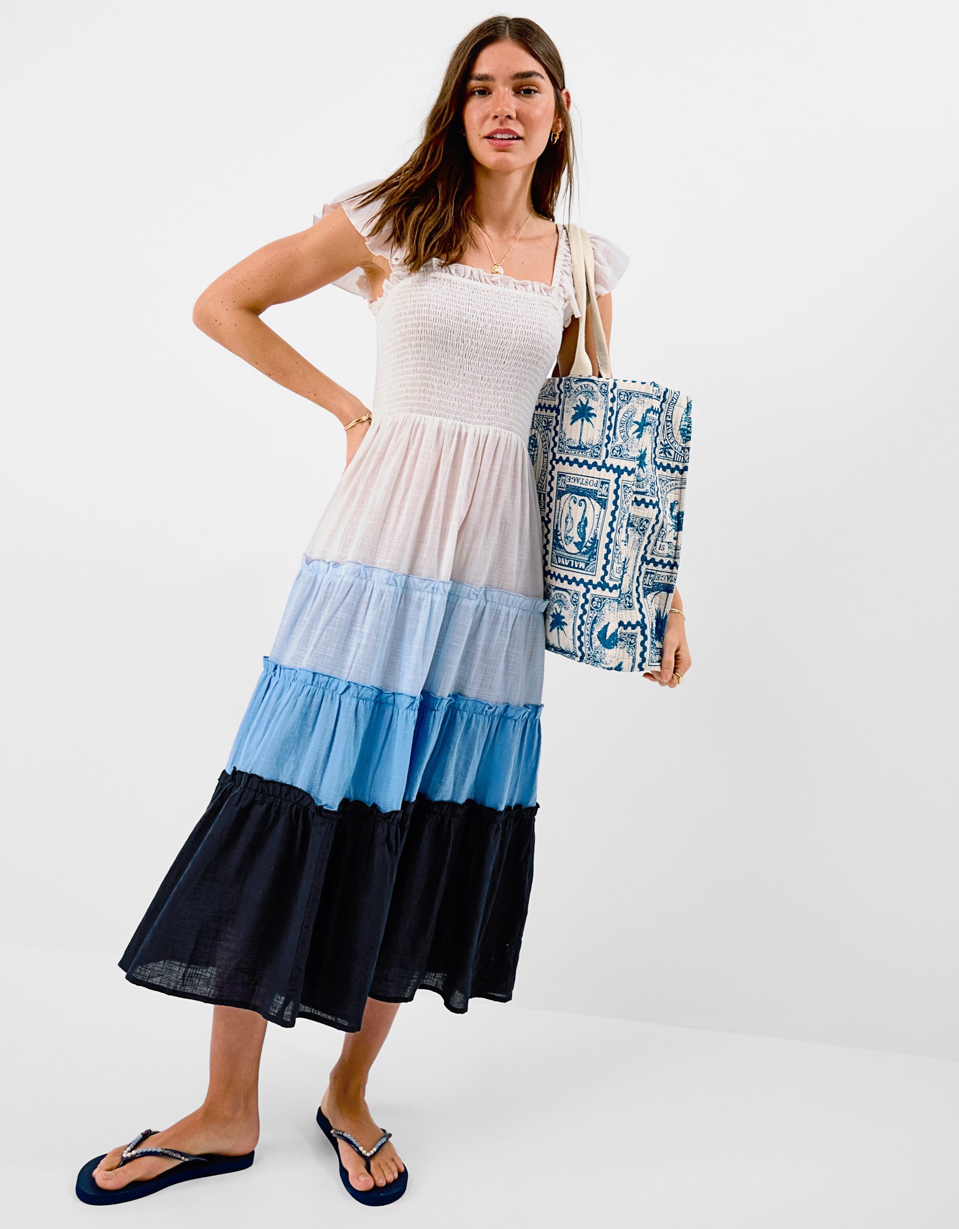 Accessorize Cotton Colour Block Frill Maxi Dress Blue, Size L - Summer Holiday Dress