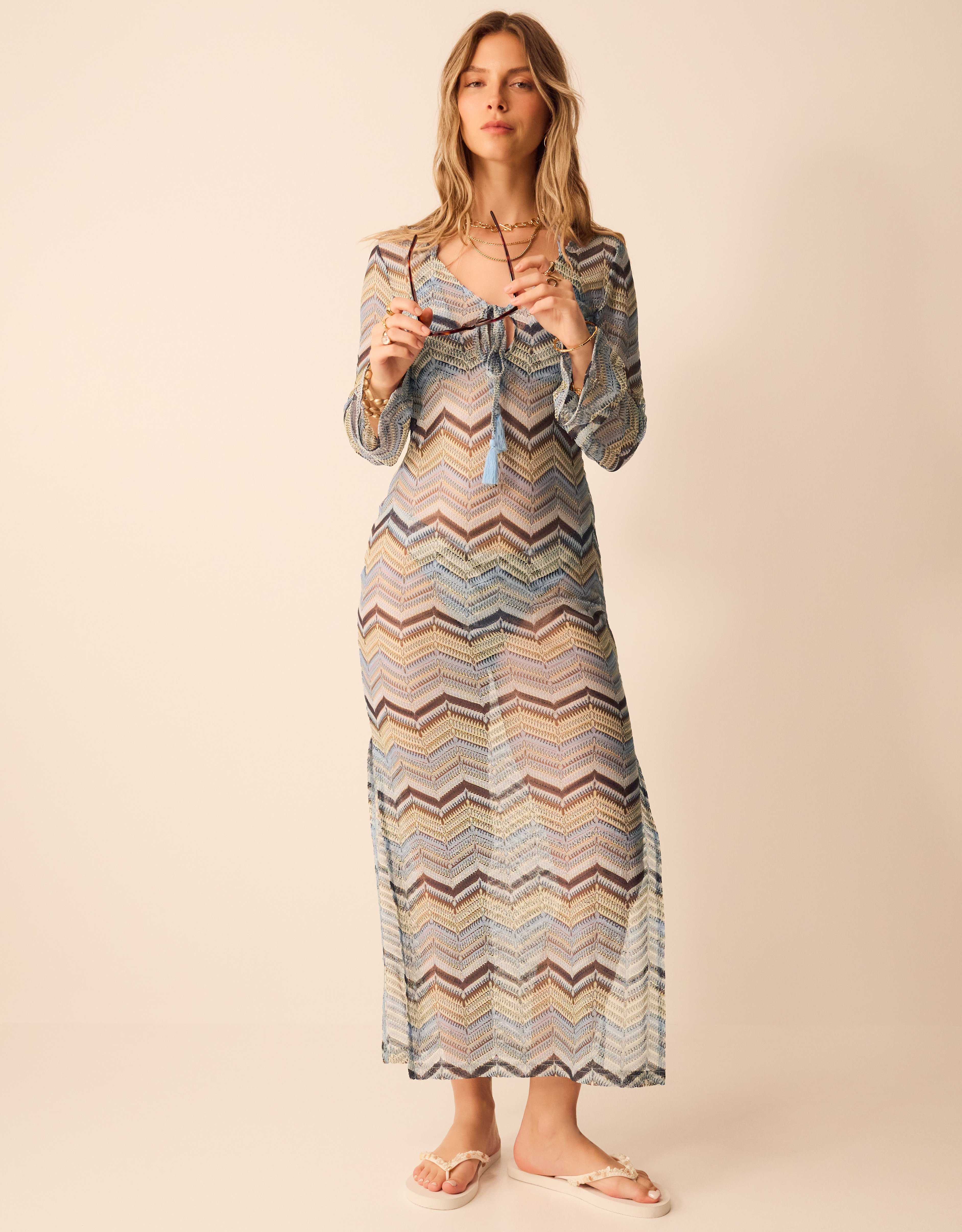 Crochet Long Sleeve Maxi Dress Blue, Size: