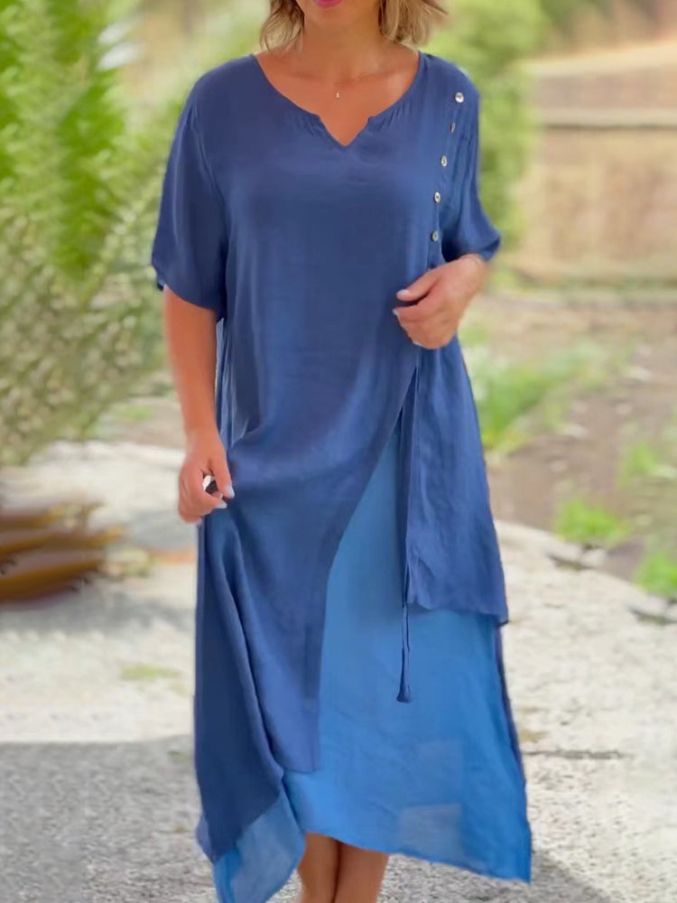 Zeagoo Women's Asymmetric Summer V Neck Short Sleeve Patchwork Split Loose Casual Ankle-Length Long Dress - Blue S