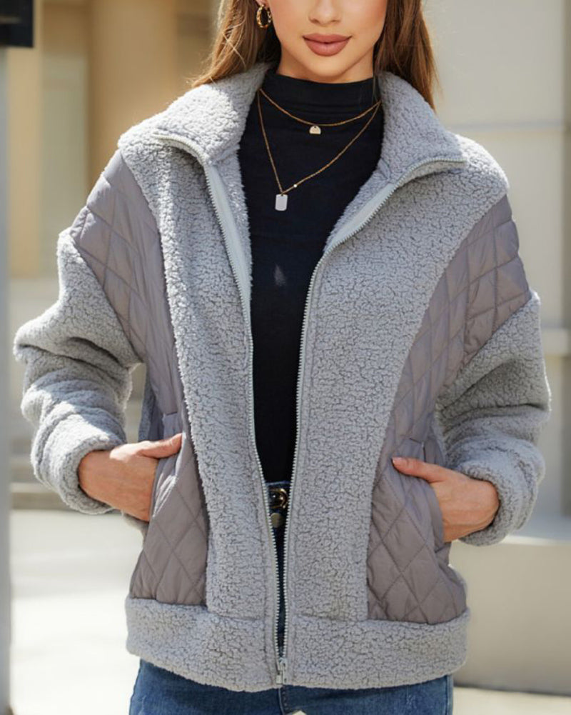 Long Sleeve Cardigan Zippered Plush Patchwork Women's Jacket - Grey