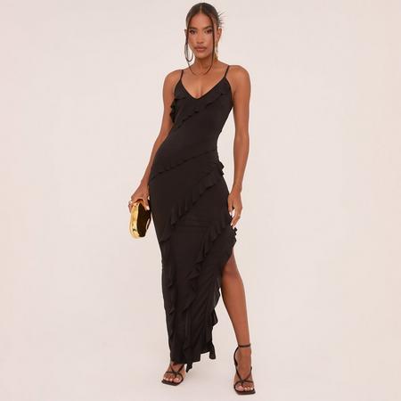 Strappy Tiered Frill Asymmetric Maxi Dress In Black Slinky, Women's Size