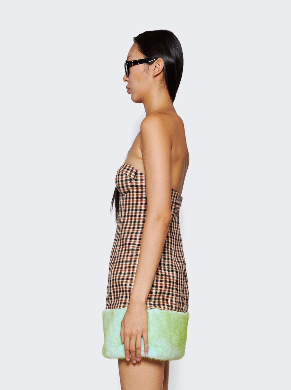 Faux Fur Trim Strapless Mini Dress Caramel