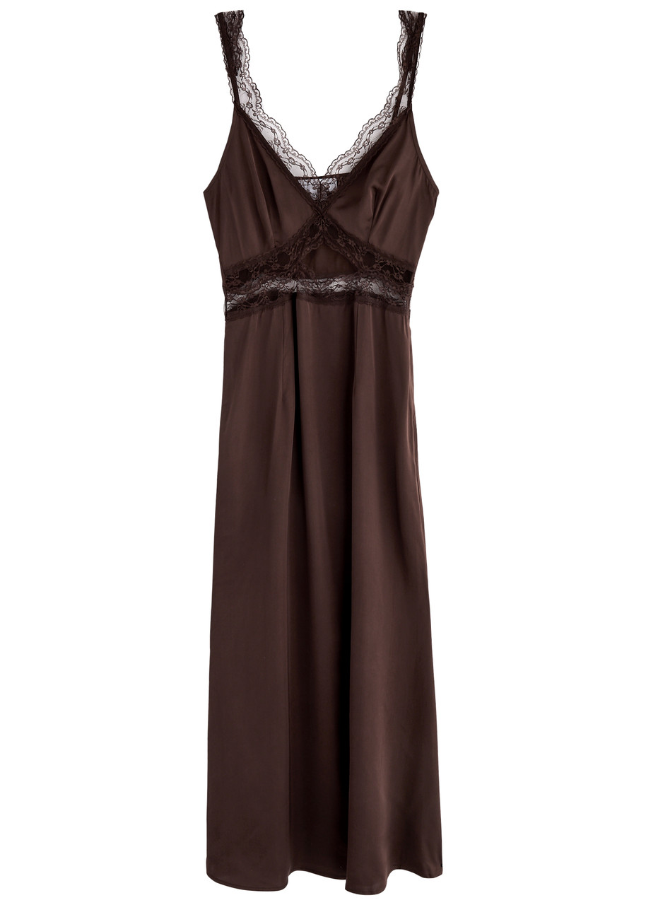 Never Fully Dressed Mimi Lace-trimmed Satin Midi Dress - Brown - S