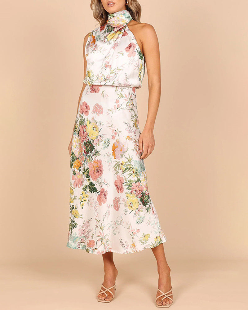 Sleeveless Halter Neck Printed Satin Dress - White