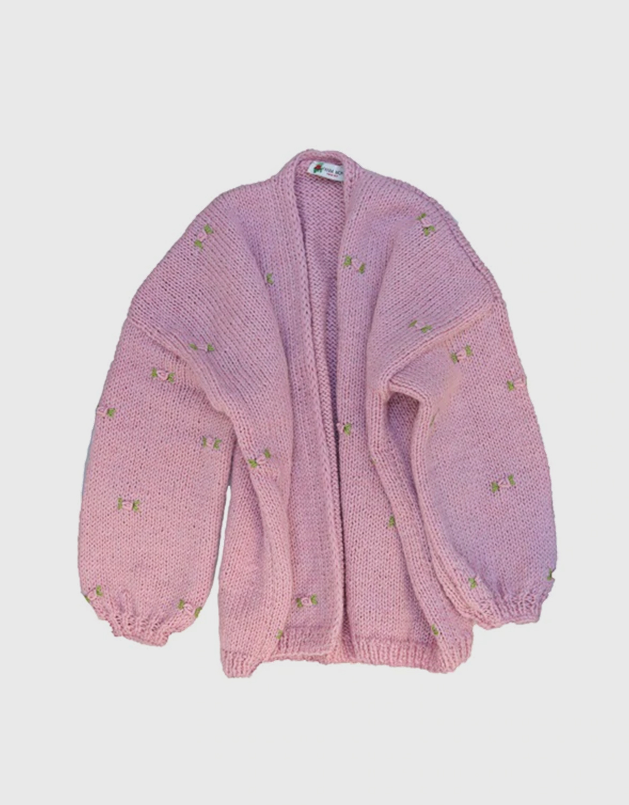 Fanm Mon Winter Bloom Pink Green Embroidered Wool Hand Knitted Cardigan-Powder Pink