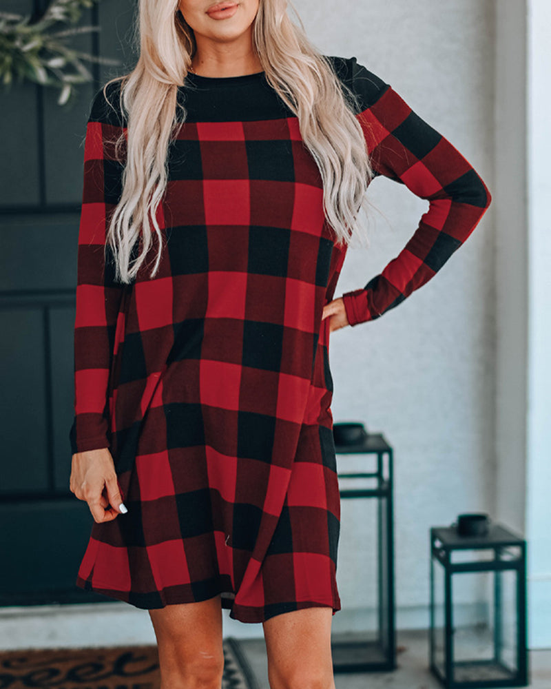 Plaid Splicing Long Sleeve Mini Dress - Red S