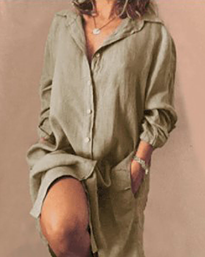 Zeagoo Women's Cotton and Linen Shirt Dress Casual Loose Pocket Midi Dresses - Khaki L-