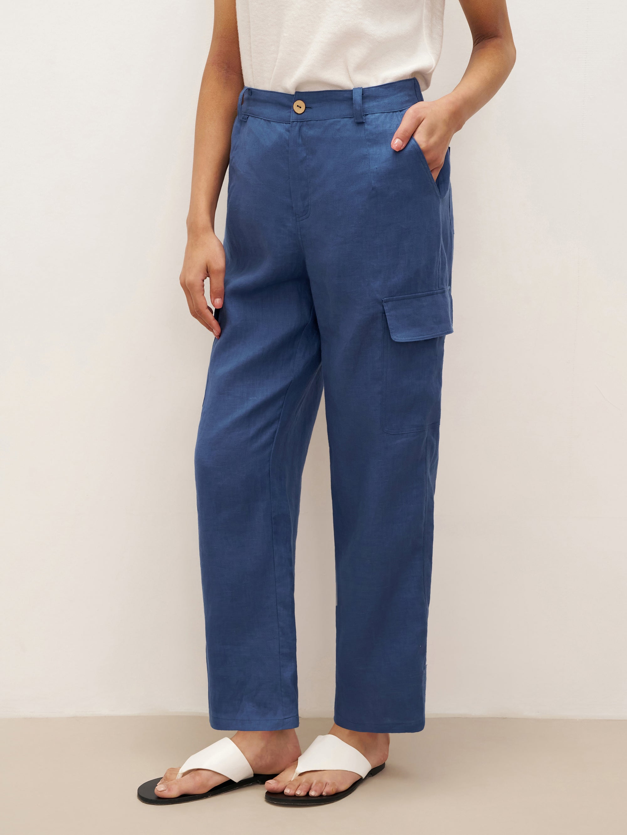 % Linen Cargo Tapered Trousers with Patch Pockets JESSE