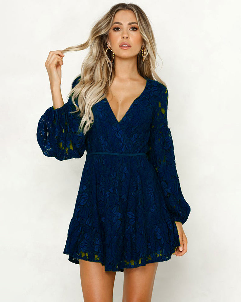 Lace Dress Deep V Floral Long Sleeve Cocktail Swing Dress - Dark Blue