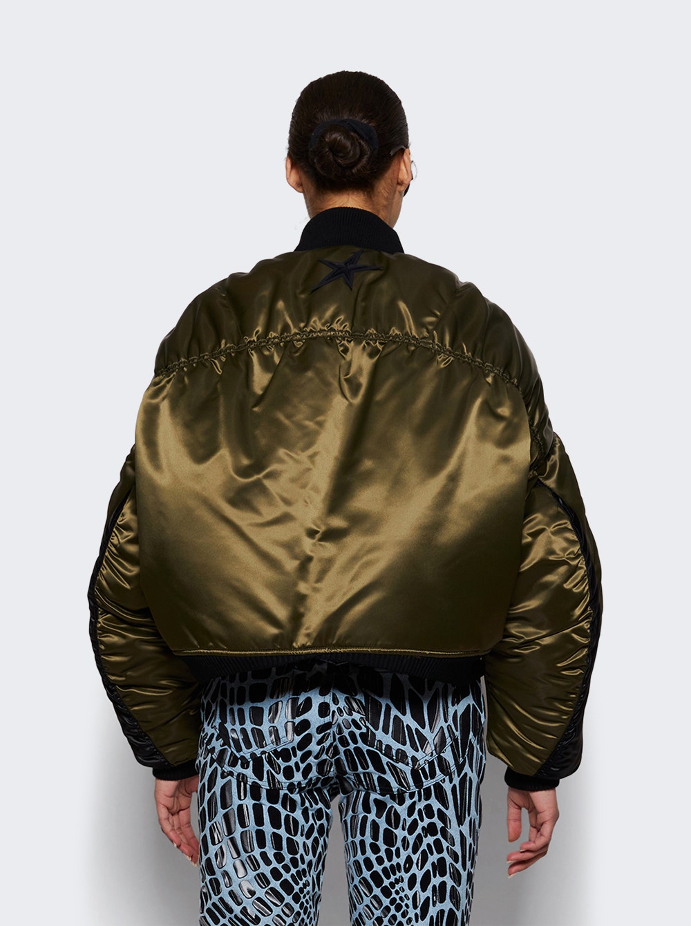 Shiny Bomber Jacket Military Green And Black