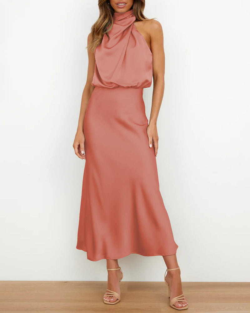 Long Formal Satin Dress Mock Neck High Neck Evening Dress - Pink