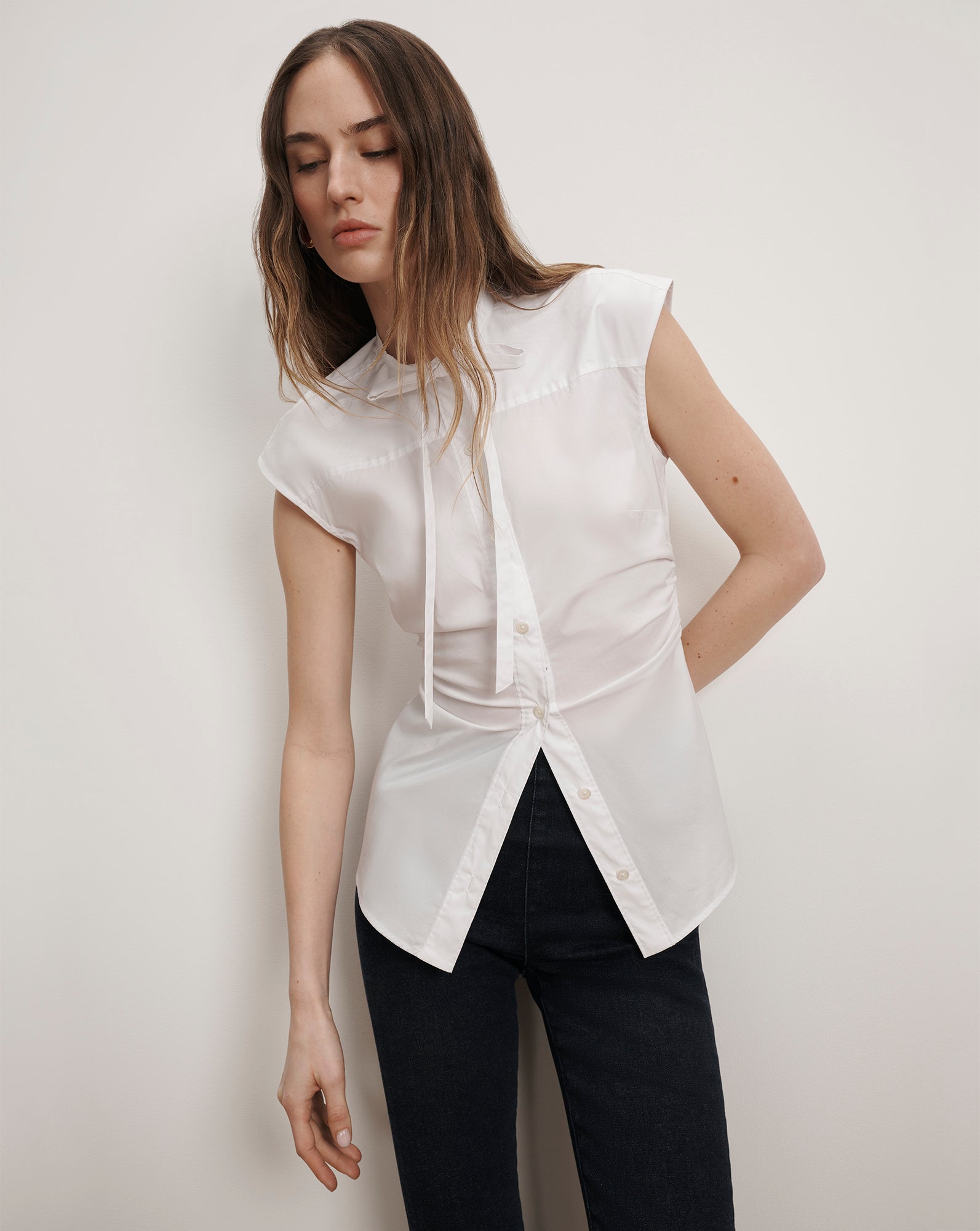 Veronica Beard Joon Tie-Neck Button-Down Blouse White