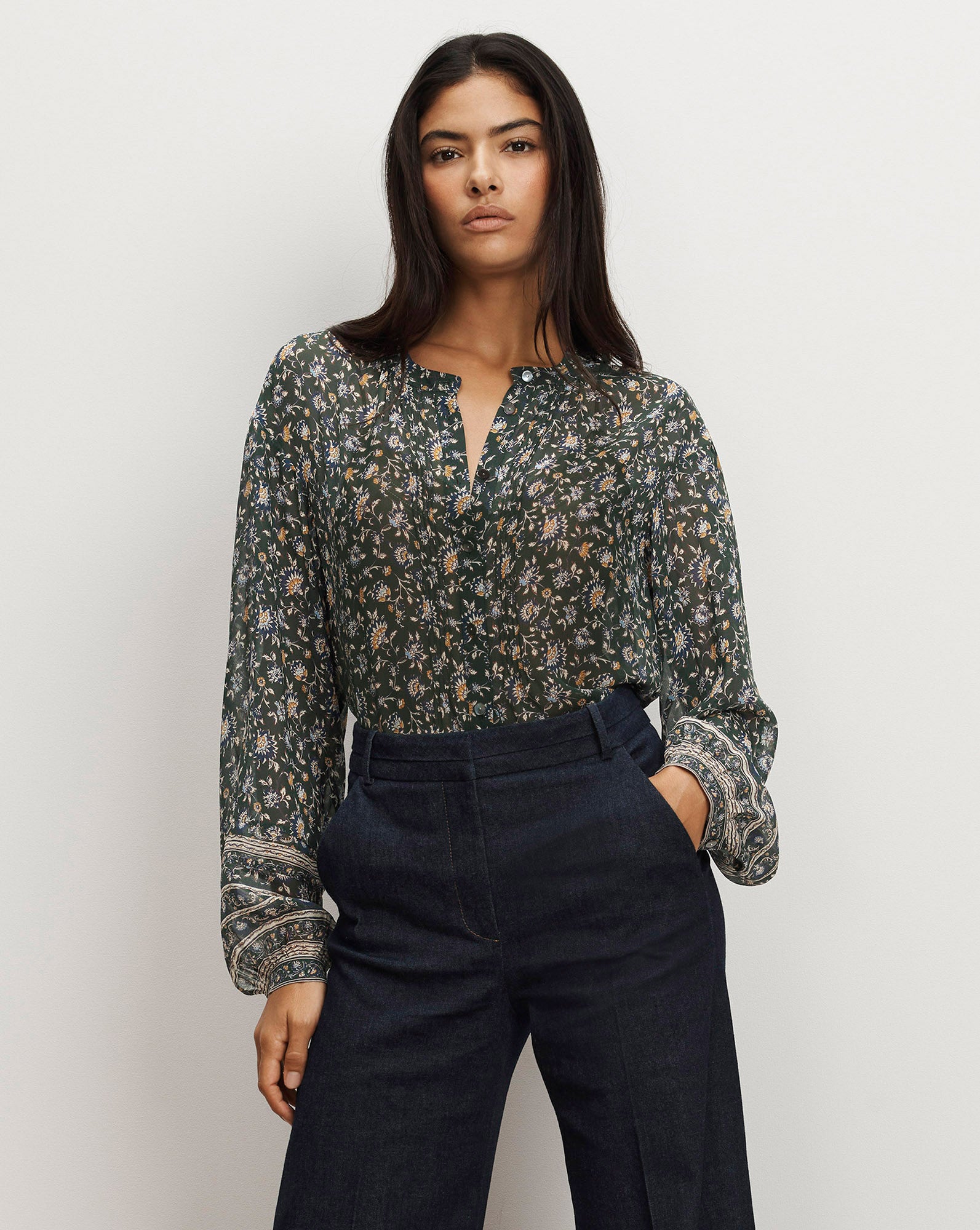 Veronica Beard Lollie Floral Button-Down Blouse Dark Hunter Green Multi