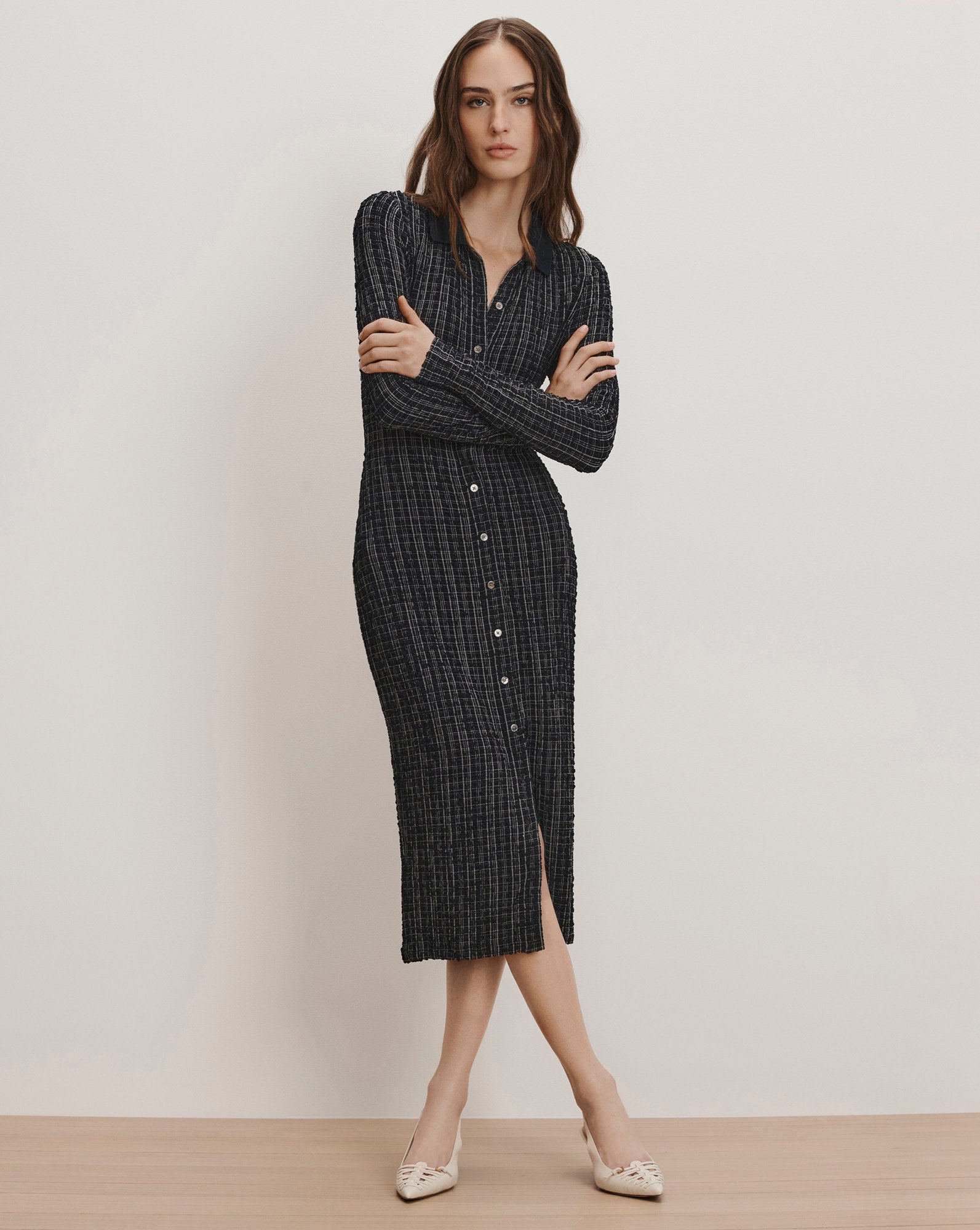 Veronica Beard Barrett Plaid Midi Dress Navy White Multi