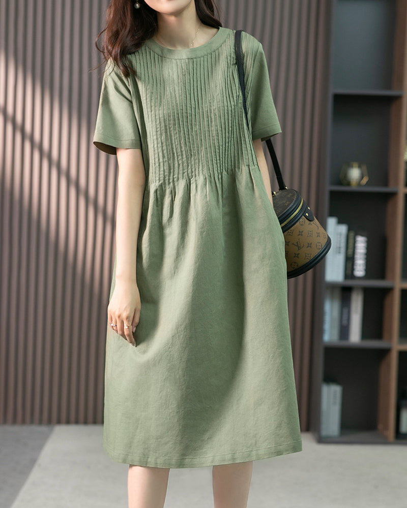 Zeagoo Women's Crew Neck Cotton Linen Plain Dress Casual Loose Short Sleeve Sundress with Pockets - Green M
