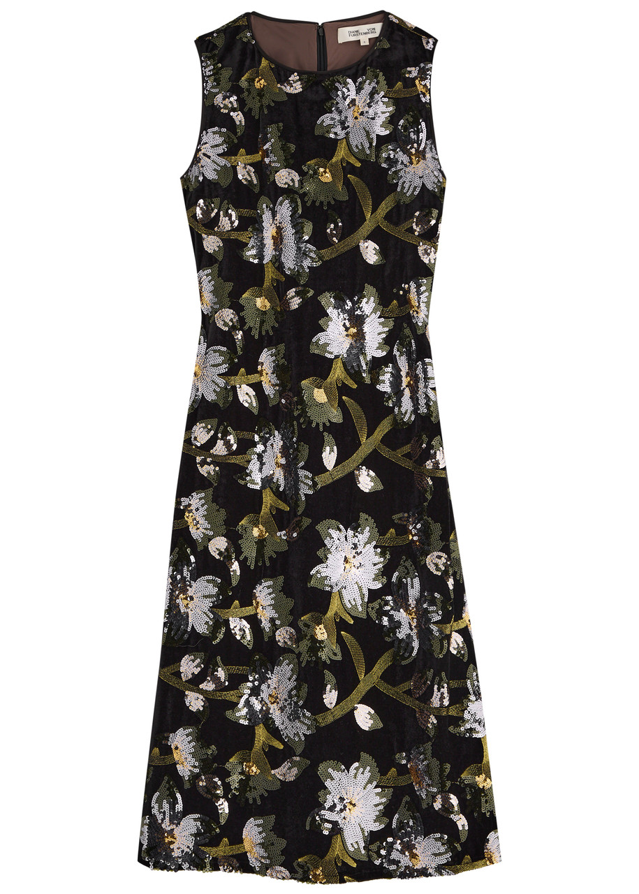 Diane Von Furstenberg Coral Sequin-embellished Velvet Midi Dress - Black - S