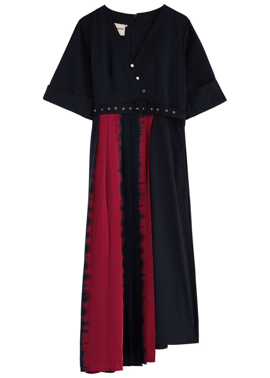 Lovebirds Shogun Belted Woven Midi Dress - Navy - S -