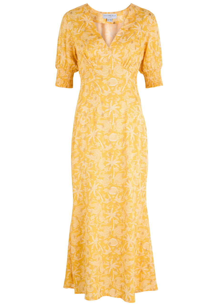 Never Fully Dressed May Printed Satin Midi Dress - Yellow - S