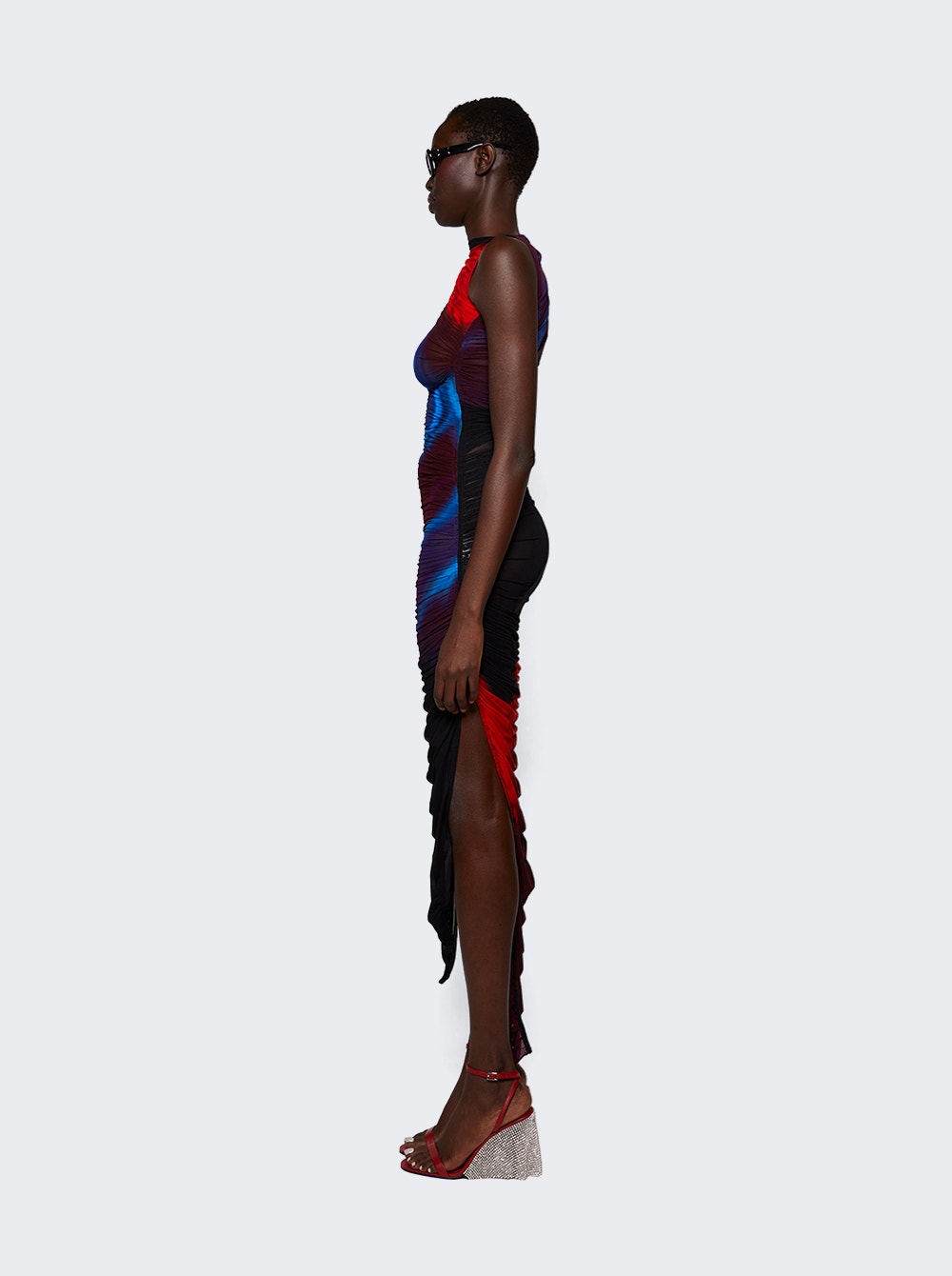 Asymmetric Sheer Dress Blue And Red