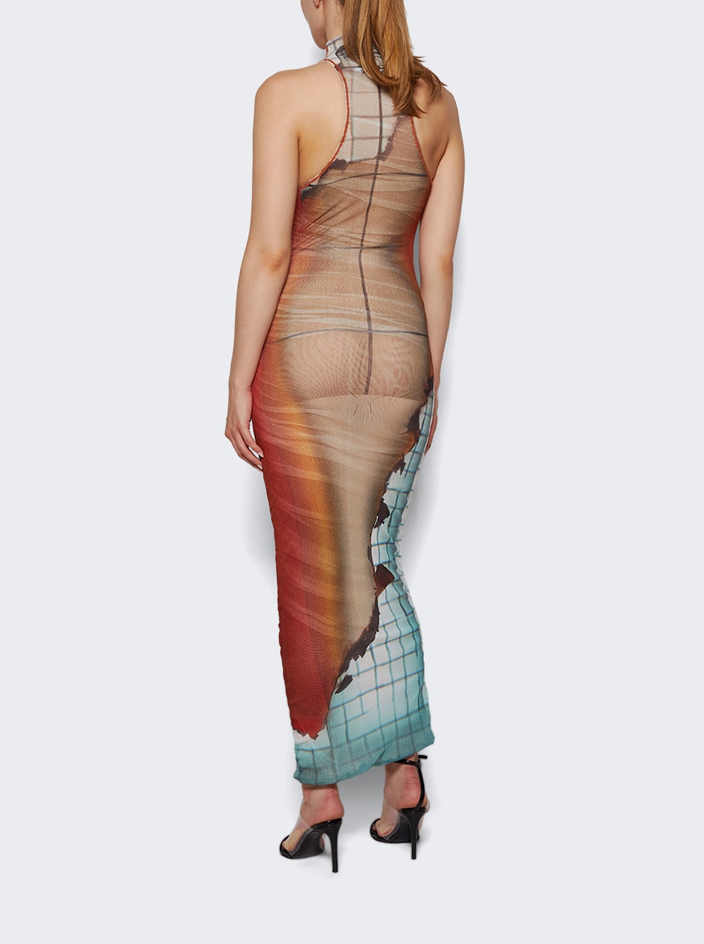 Mesh High Neck Long Dress Fire Print