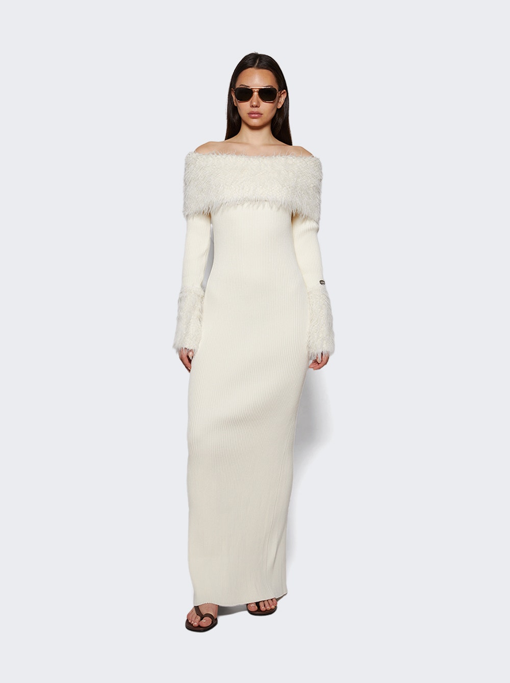 Ribbed Knit Long Dress Ecru
