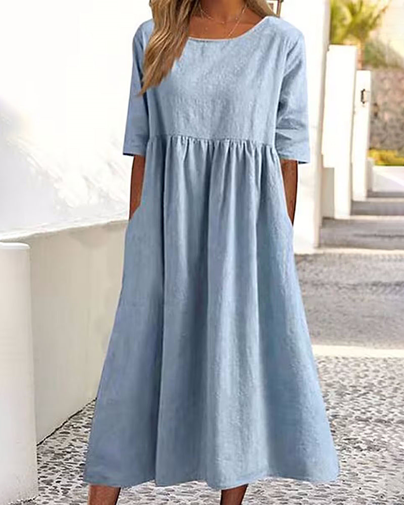 Zeagoo Women's Beach Short Sleeve Scoop Neck Ruffle Swing Casual Boho Midi Dress with Pockets - Light Blue