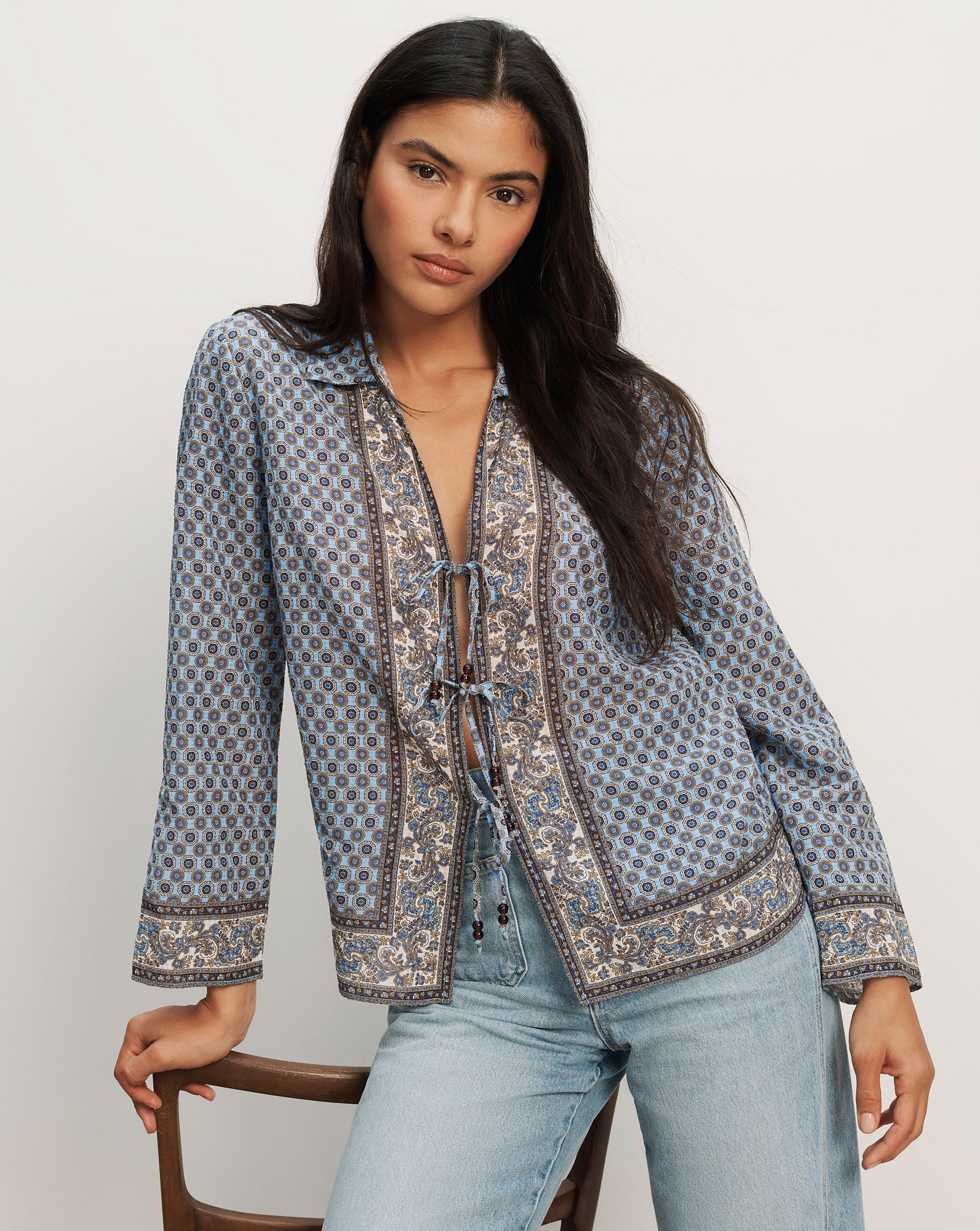 Veronica Beard Eva Scarf-Print Blouse Blue Jay Multi