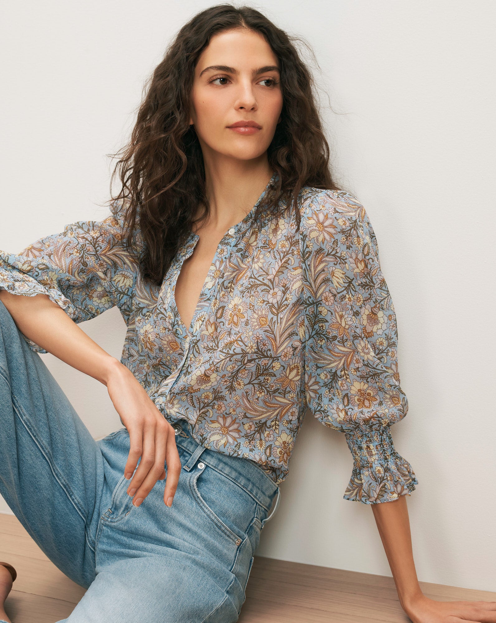 Veronica Beard Ashlynn Floral Blouse Blue Jay Multi