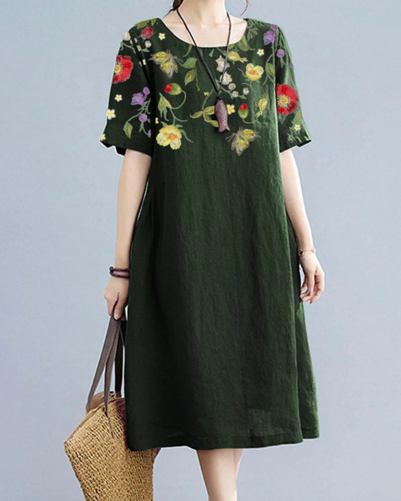 Printed Short Sleeve Casual Loose Fit Mini Dress - Green M