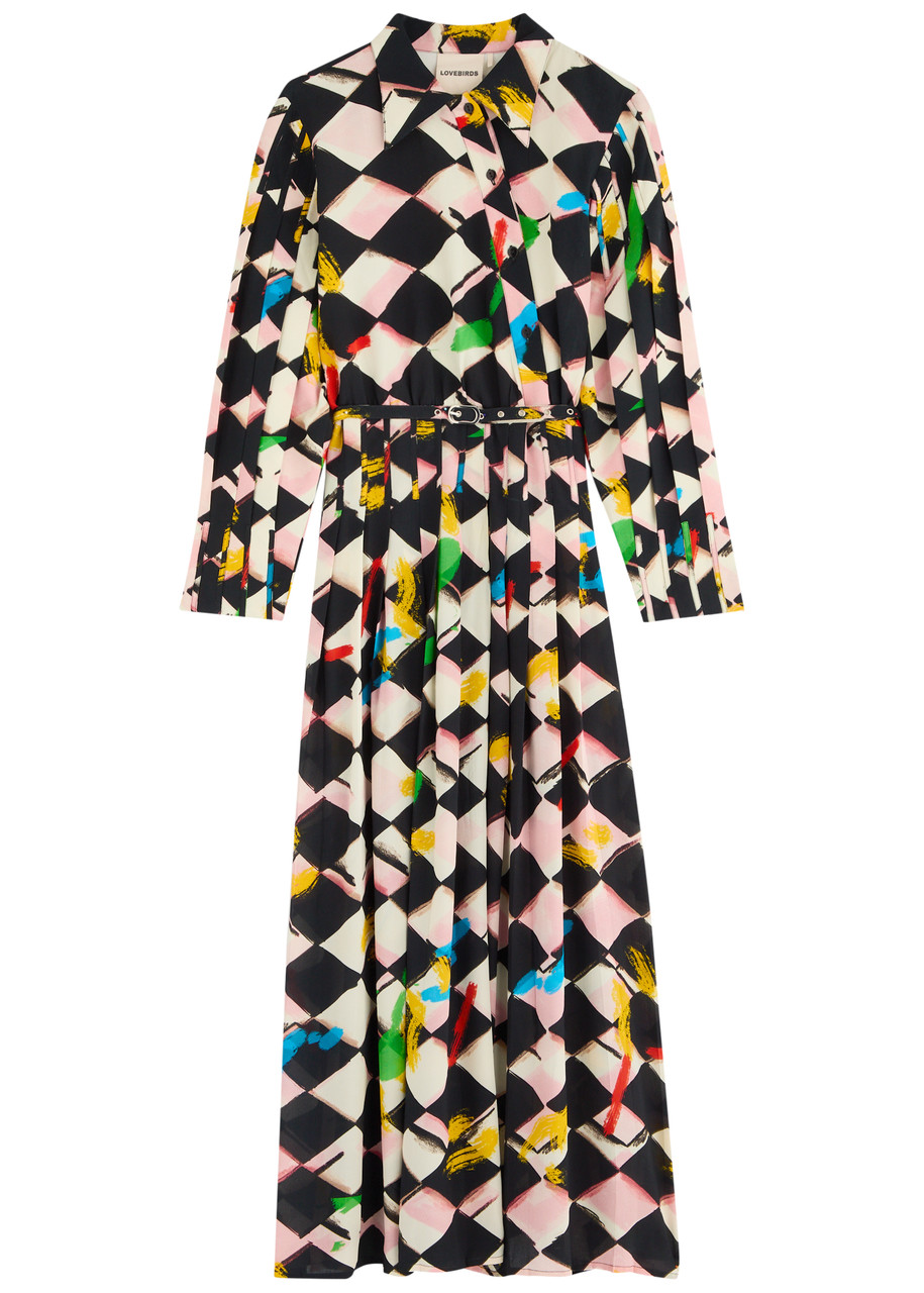 Lovebirds Printed Belted Silk Midi Shirt Dress - Multicoloured - M