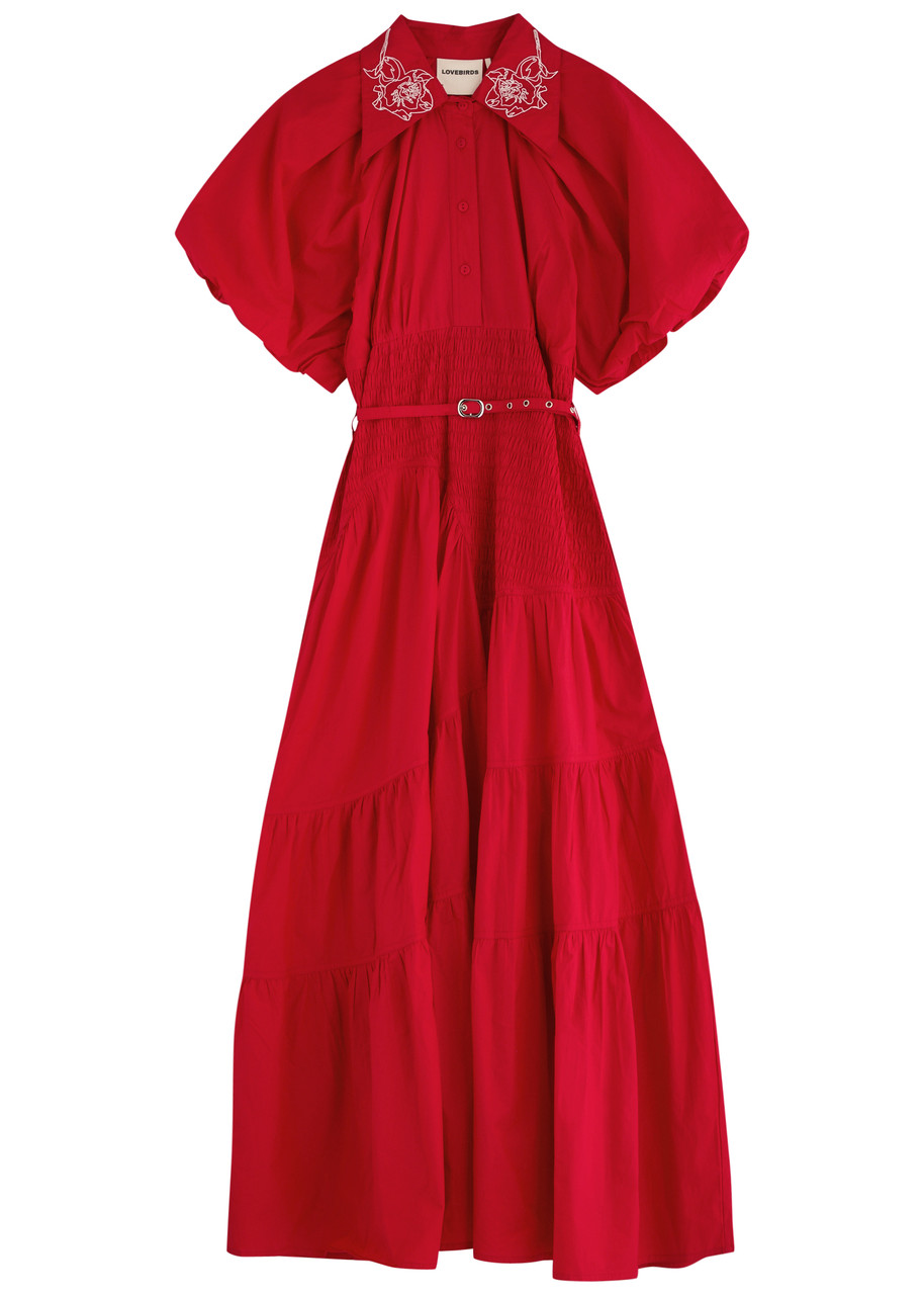 Lovebirds Tiered Belted Cotton Midi Shirt Dress - Red - L