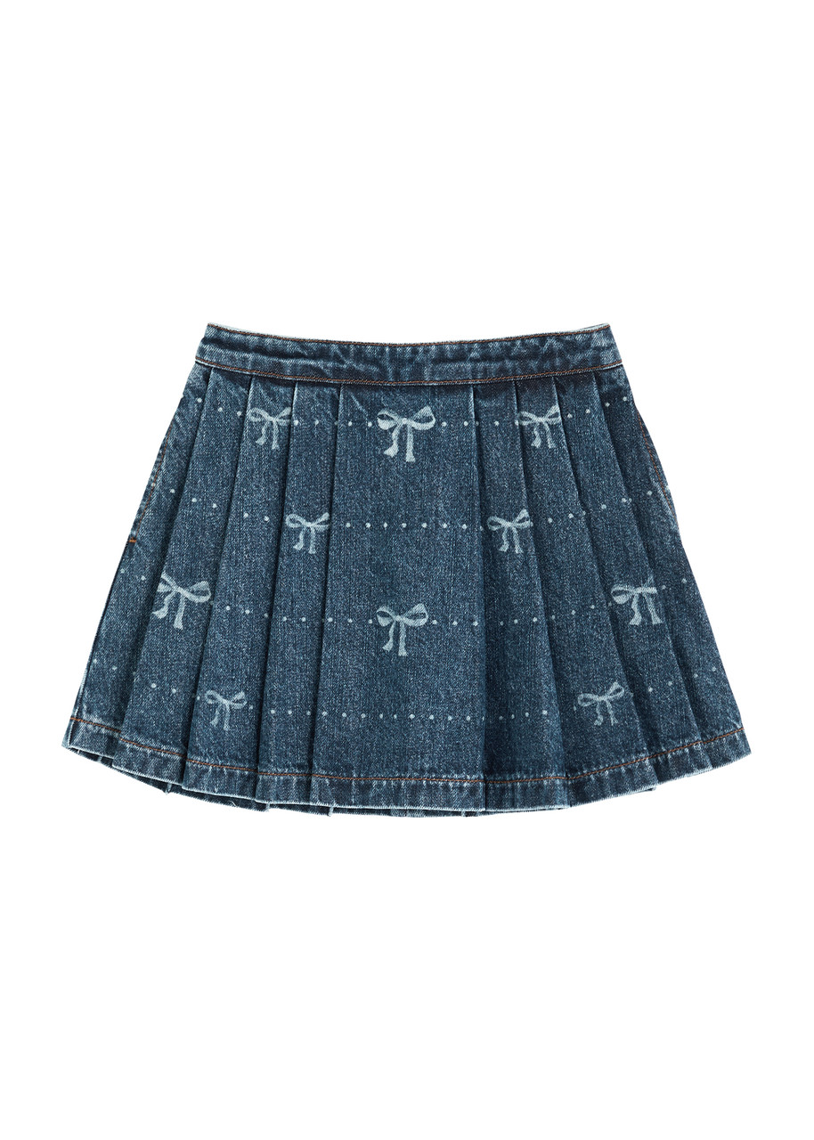 Self-portrait Kids Bow-print Pleated Denim Skirt