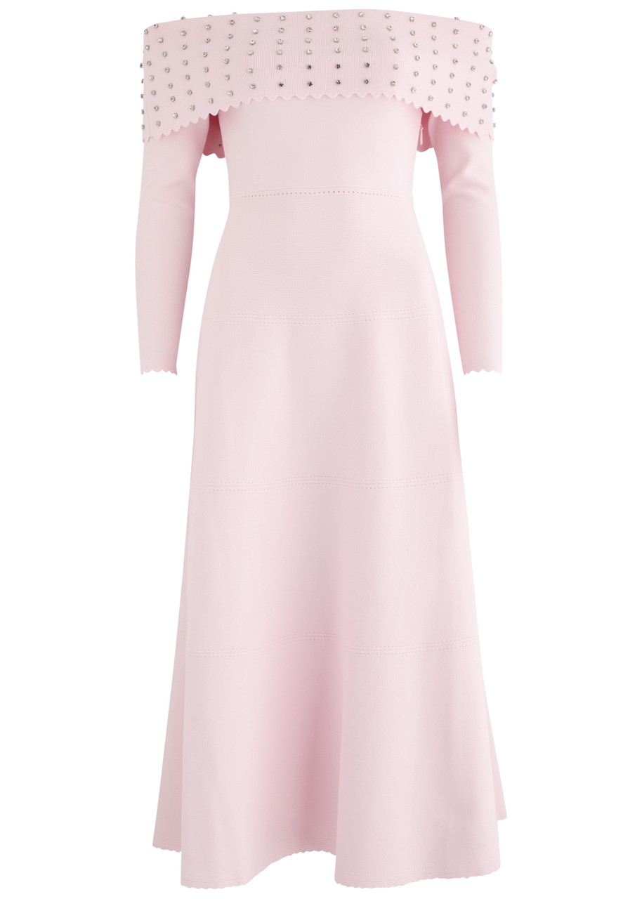 Needle & Thread Crystal-embellished Off-the-shoulder Knitted Midi Dress - Pink -