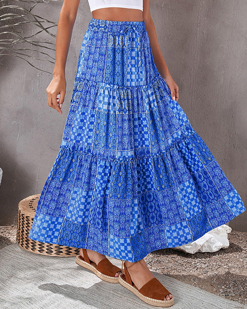 Tiered Paisley Print Long A-Line Skirt Boho Holiday Maxi Skirts - Blue M